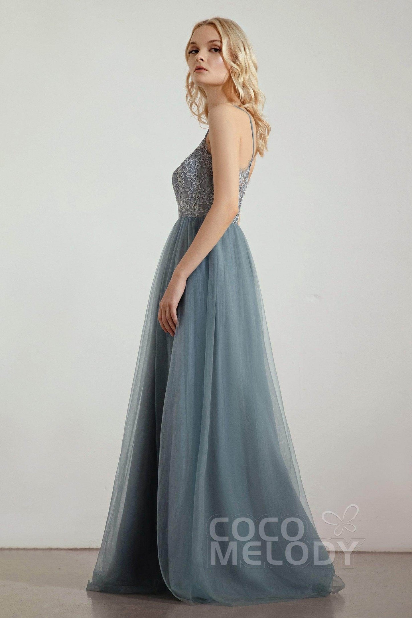 A-Line Floor Length Tulle Lace Bridesmaid Dress CB0437 - COCOMELODY