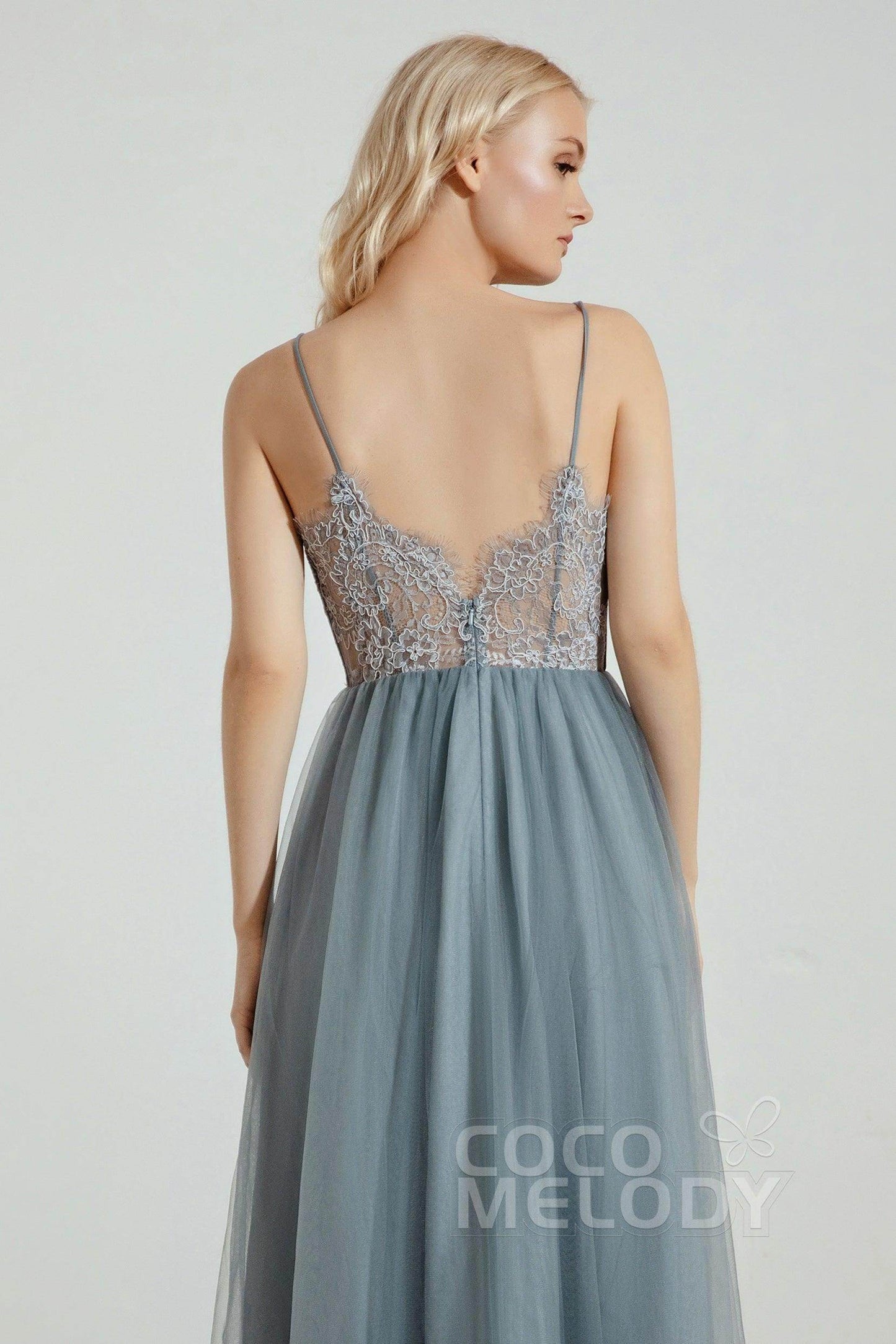 A-Line Floor Length Tulle Lace Bridesmaid Dress CB0437 - COCOMELODY