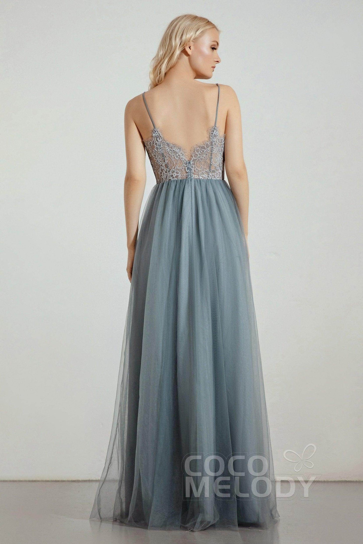 A-Line Floor Length Tulle Lace Bridesmaid Dress CB0437 - COCOMELODY