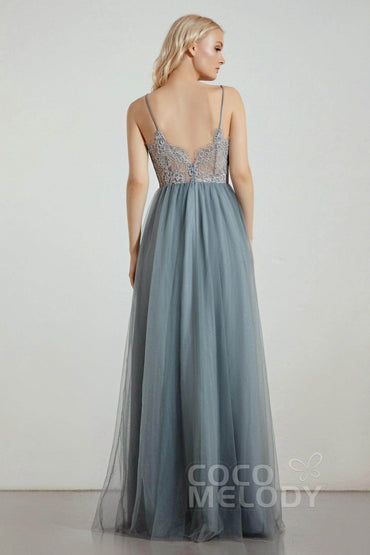 A-Line Floor Length Tulle Lace Bridesmaid Dress CB0437 - COCOMELODY