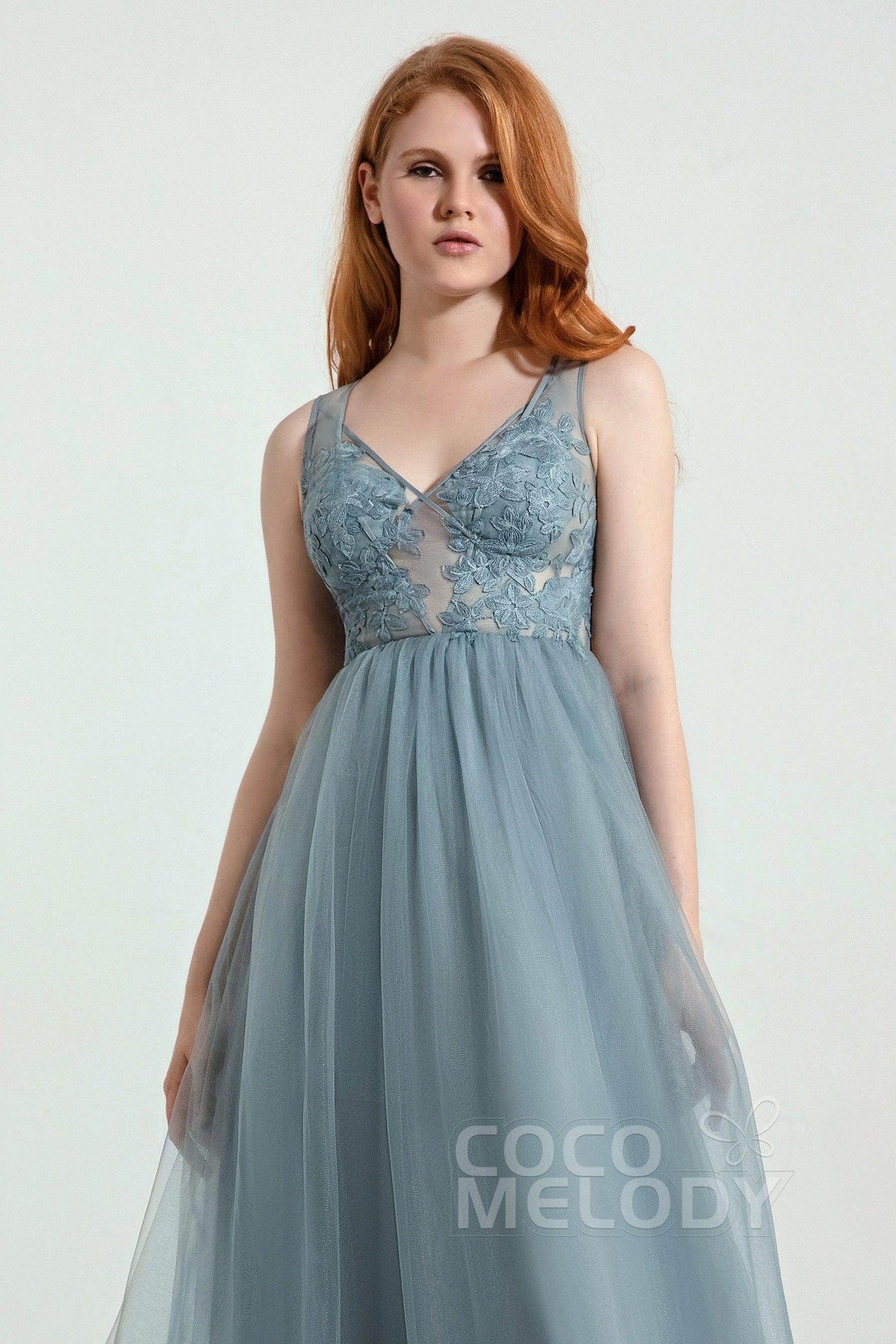 A-Line Floor Length Tulle Lace Bridesmaid Dress CB0438 - COCOMELODY