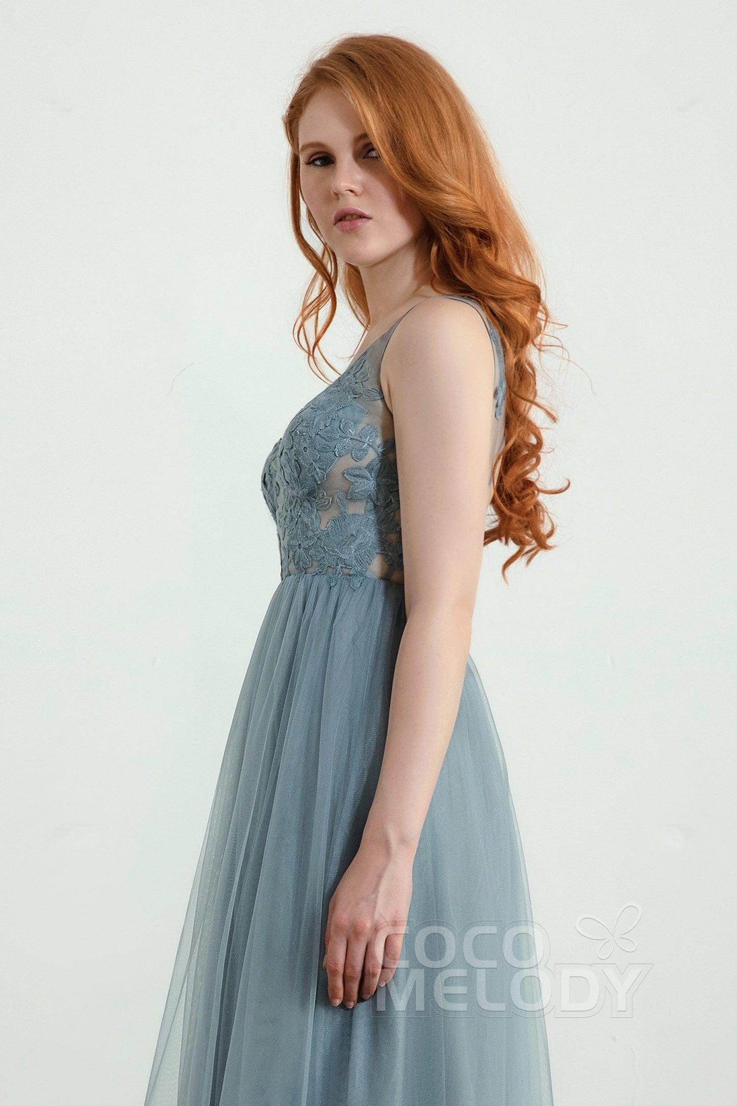 A-Line Floor Length Tulle Lace Bridesmaid Dress CB0438 - COCOMELODY