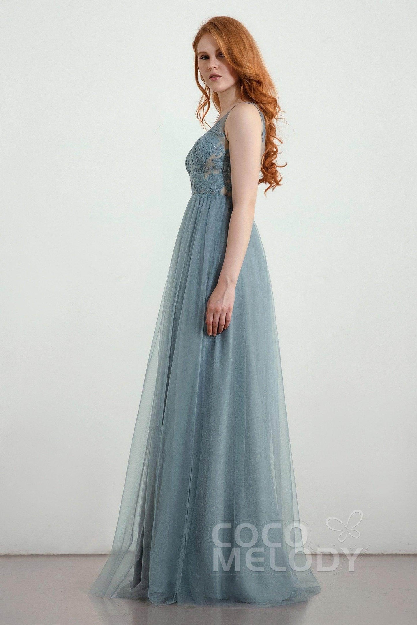 A-Line Floor Length Tulle Lace Bridesmaid Dress CB0438 - COCOMELODY