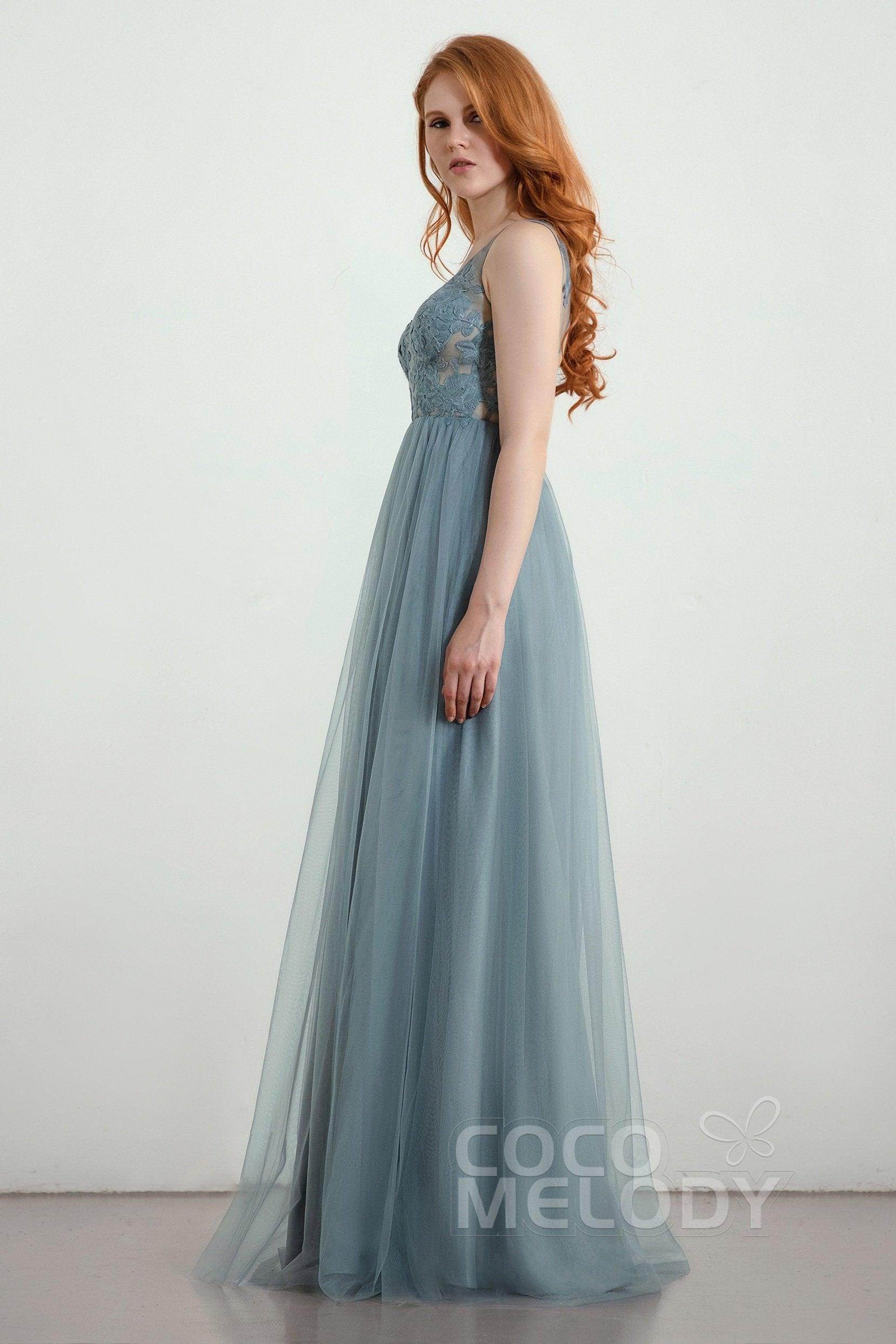 A-Line Floor Length Tulle Lace Bridesmaid Dress CB0438 - COCOMELODY