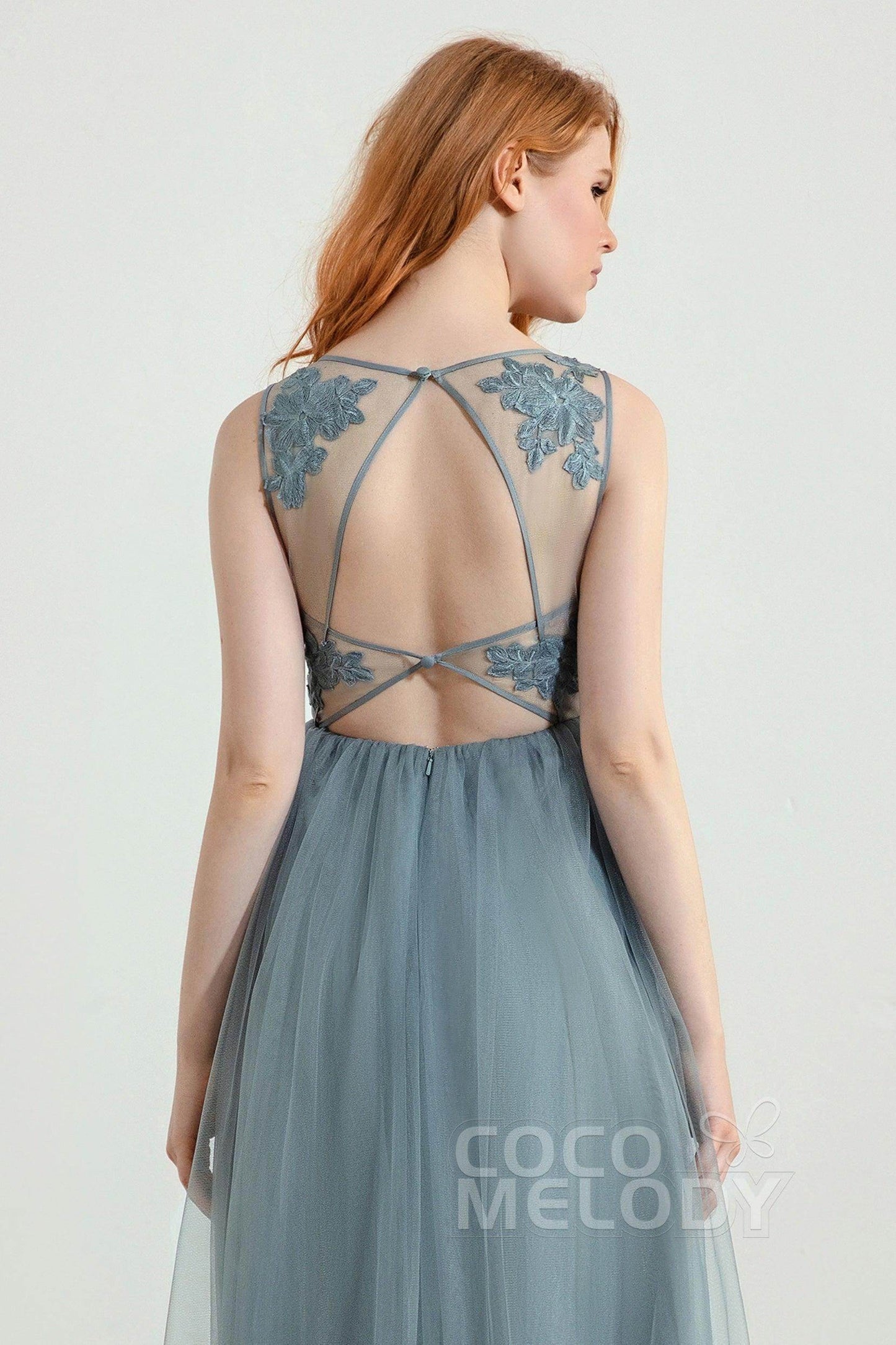 A-Line Floor Length Tulle Lace Bridesmaid Dress CB0438 - COCOMELODY