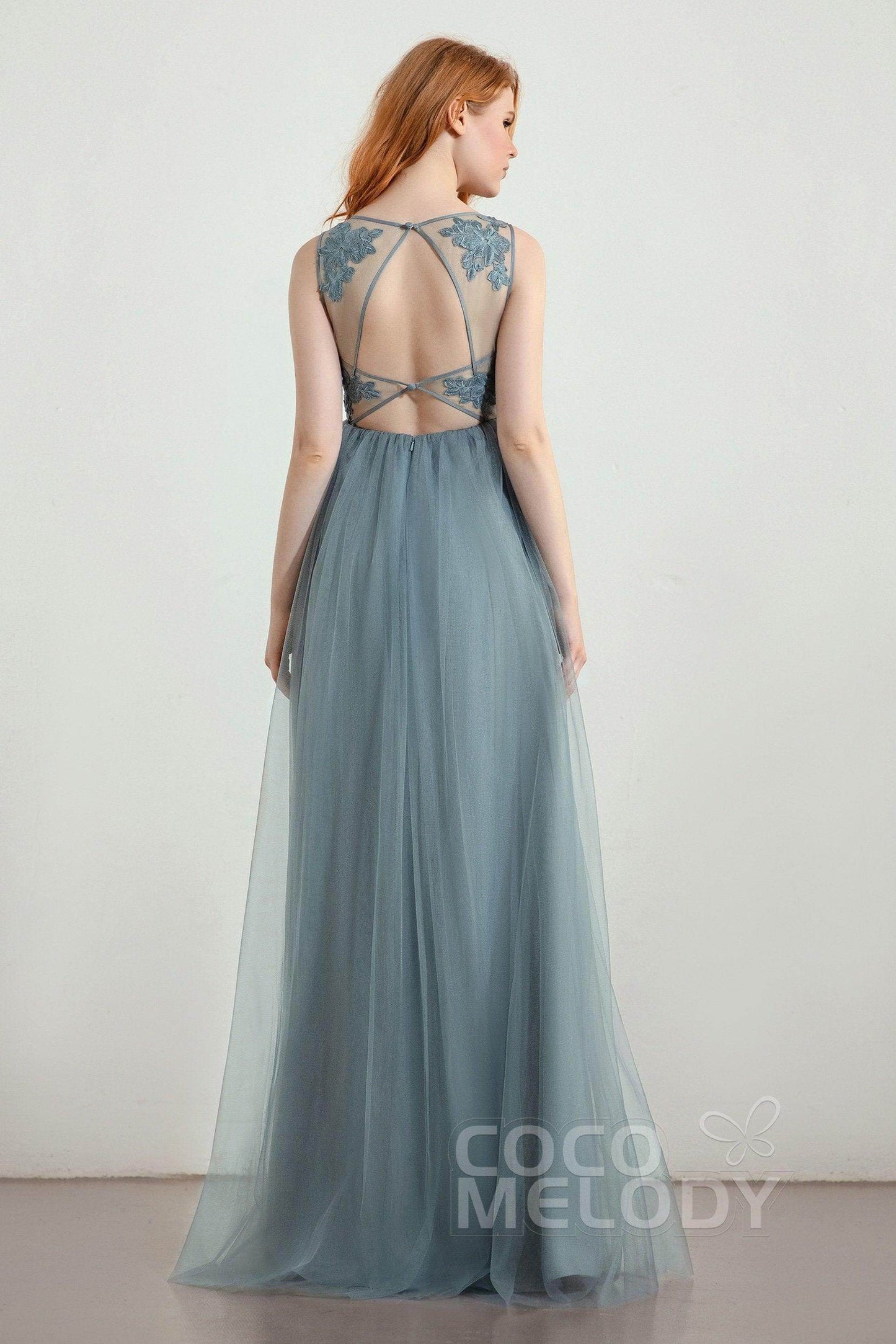 A-Line Floor Length Tulle Lace Bridesmaid Dress CB0438 - COCOMELODY