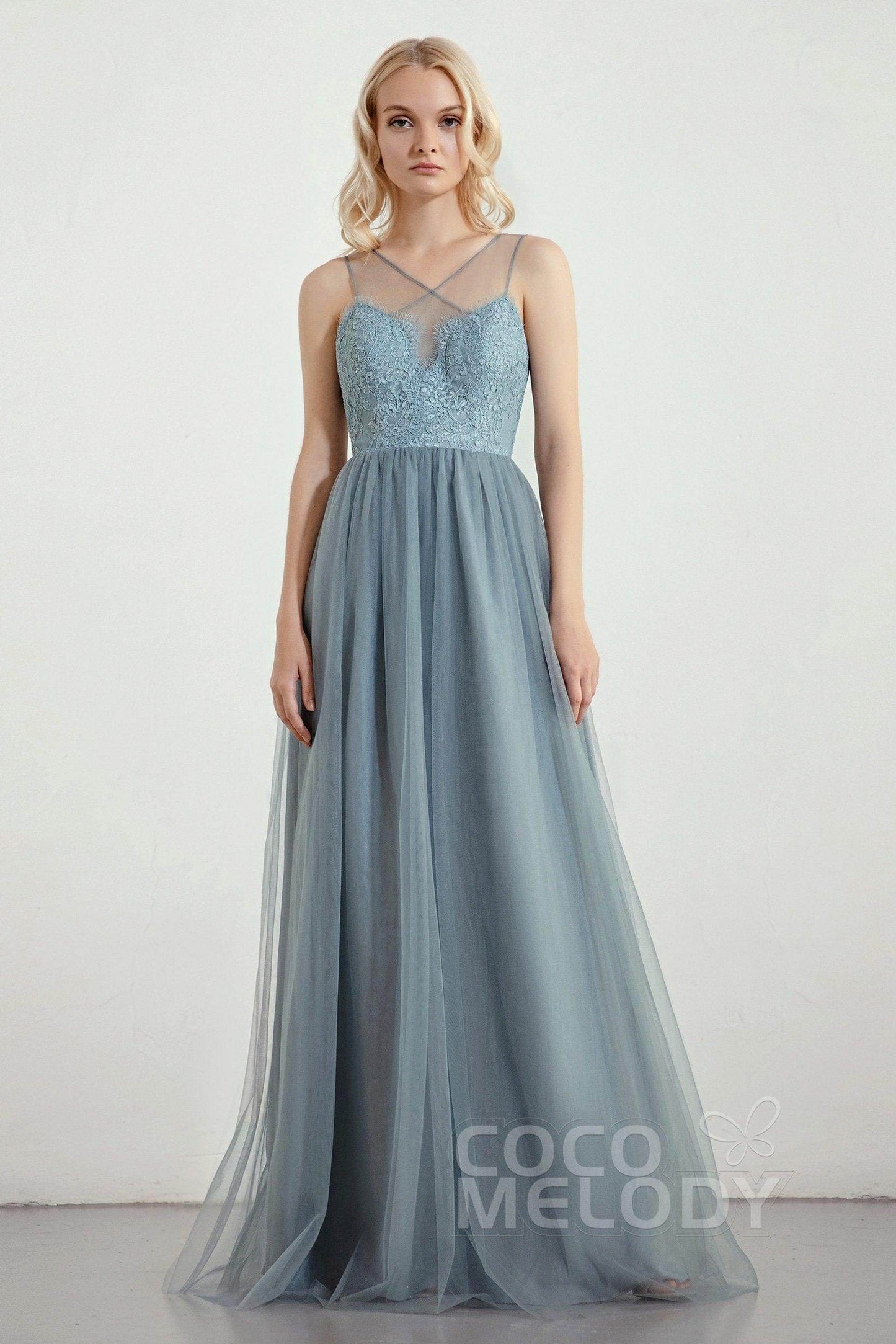A-Line Floor Length Tulle Lace Bridesmaid Dress CB0439 - COCOMELODY