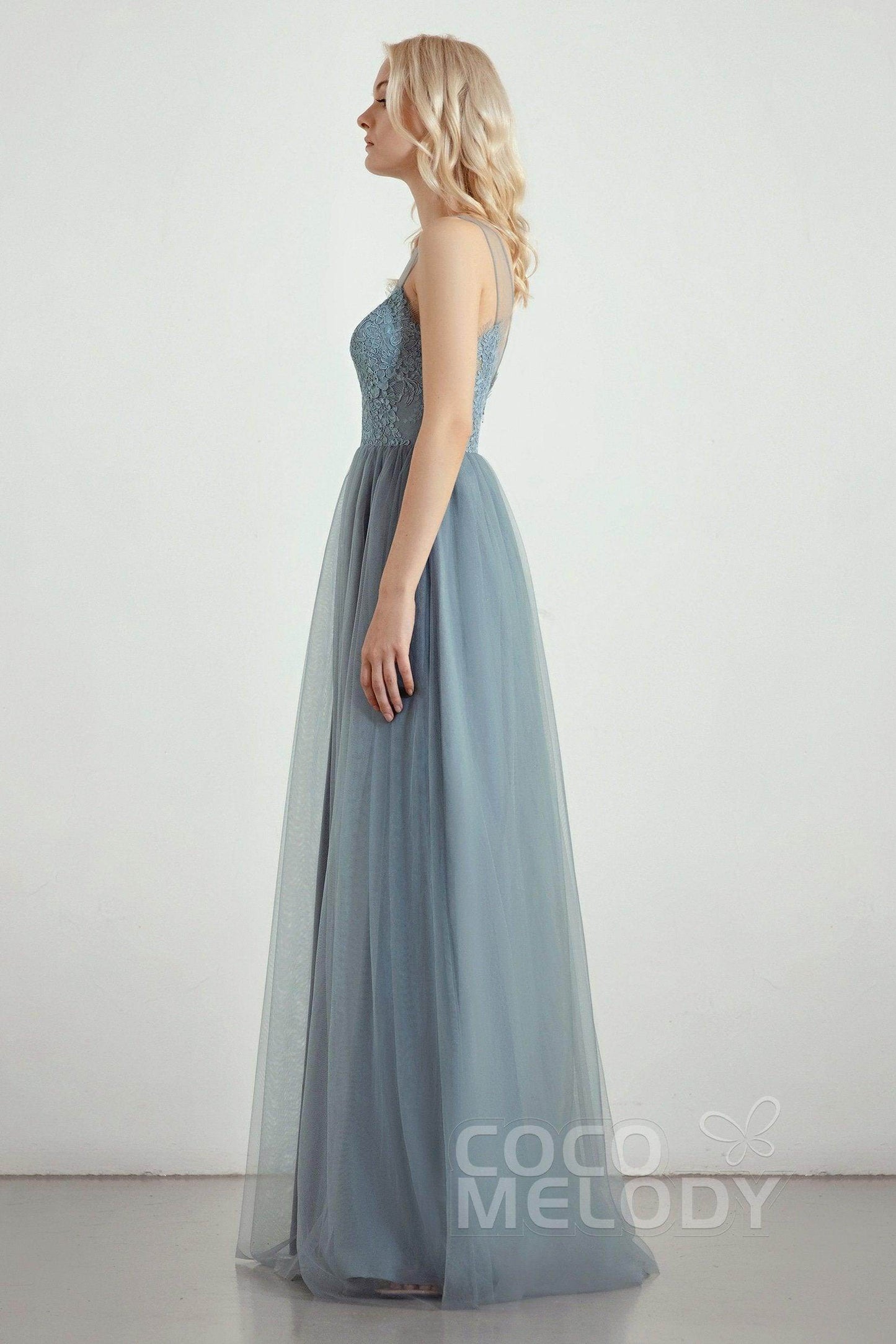 A-Line Floor Length Tulle Lace Bridesmaid Dress CB0439 - COCOMELODY