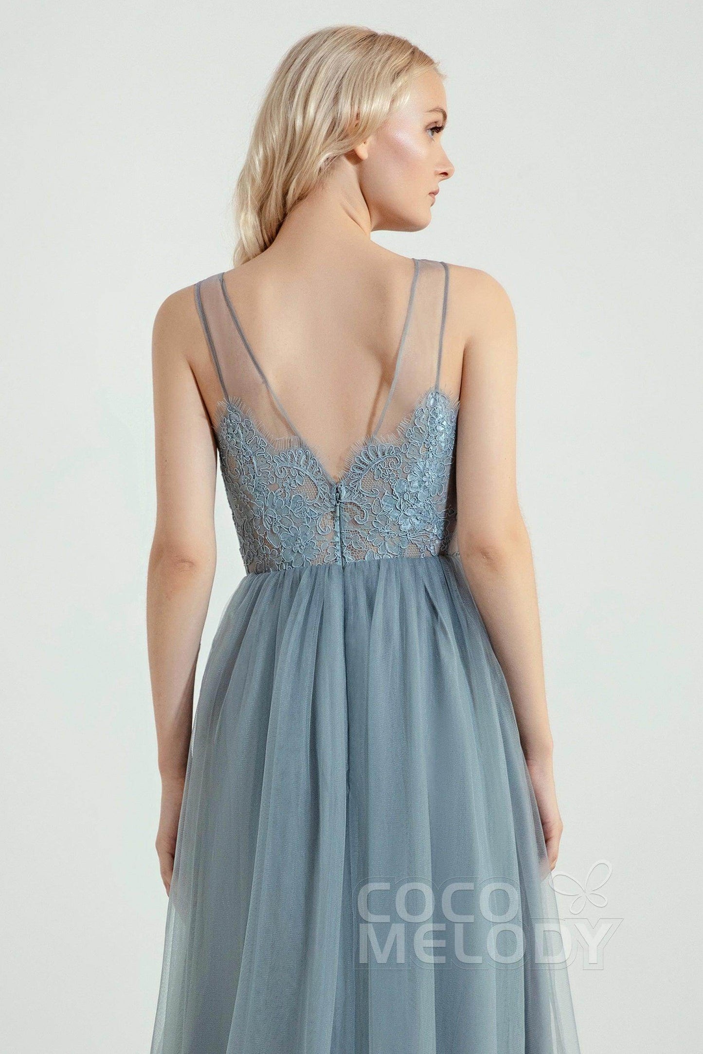 A-Line Floor Length Tulle Lace Bridesmaid Dress CB0439 - COCOMELODY