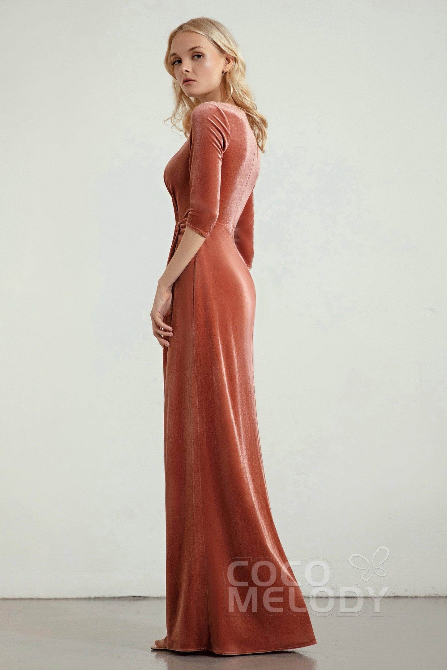 Sheath-Column Floor Length Velvet Bridesmaid Dress Formal Dresses CB0443 - COCOMELODY