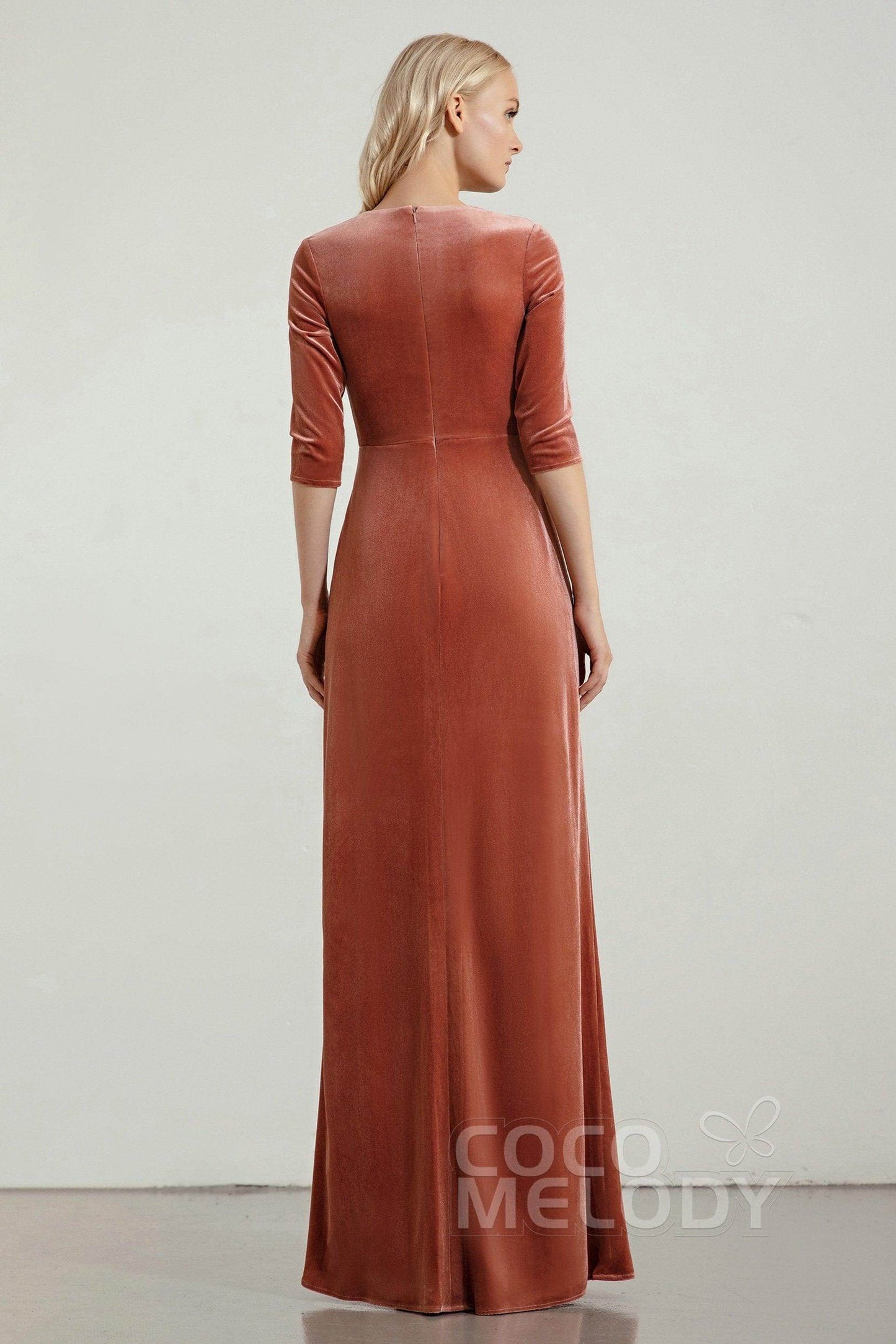 Sheath-Column Floor Length Velvet Bridesmaid Dress Formal Dresses CB0443 - COCOMELODY
