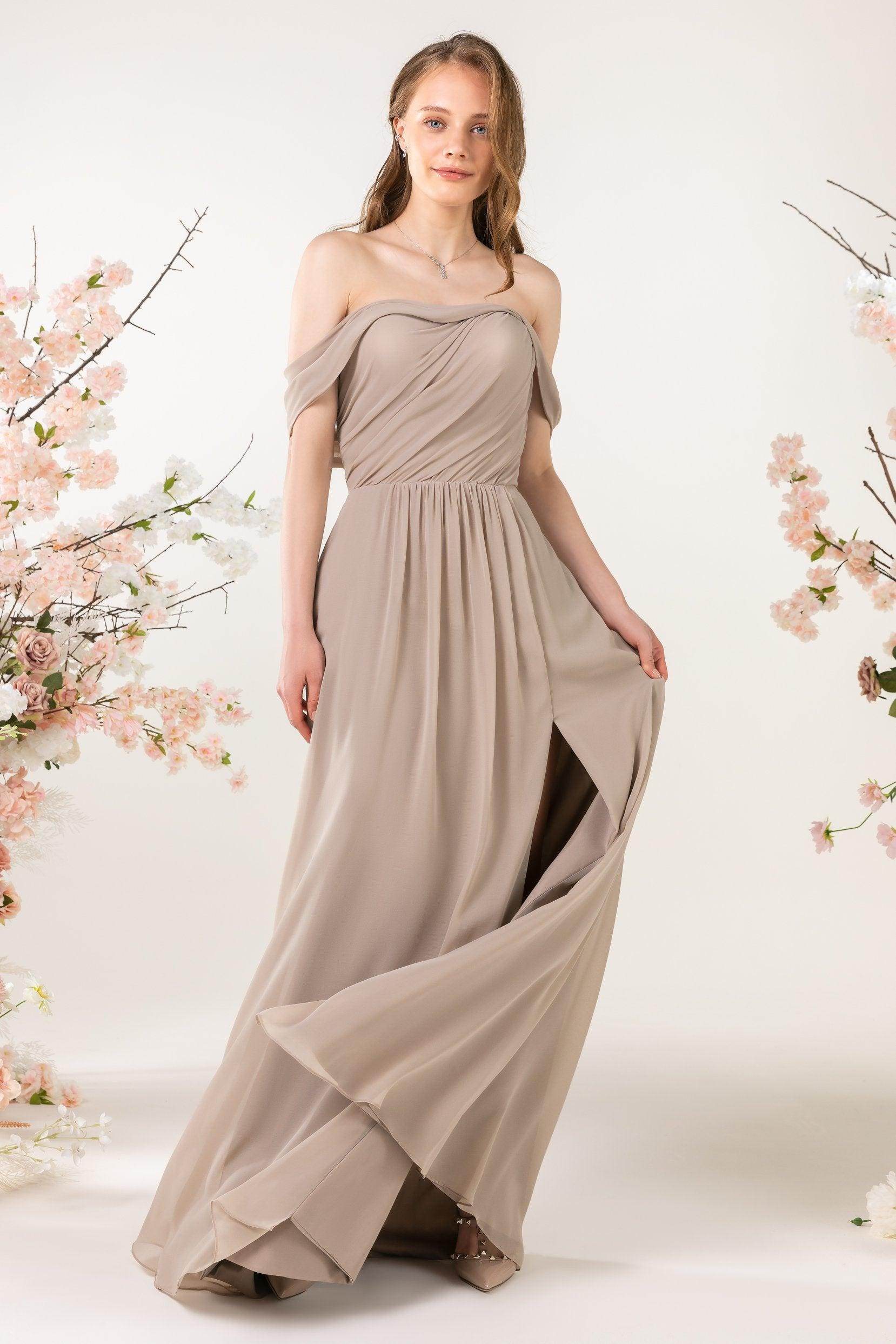 A-Line Sweep-Brush Train Chiffon Bridesmaid Dress CB0454 - COCOMELODY