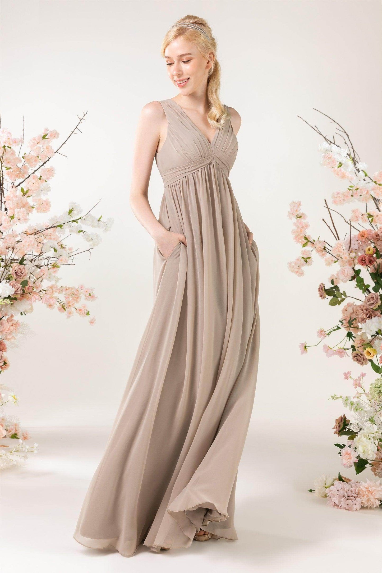 A-Line Sweep-Brush Train Chiffon Bridesmaid Dress CB0455 - COCOMELODY