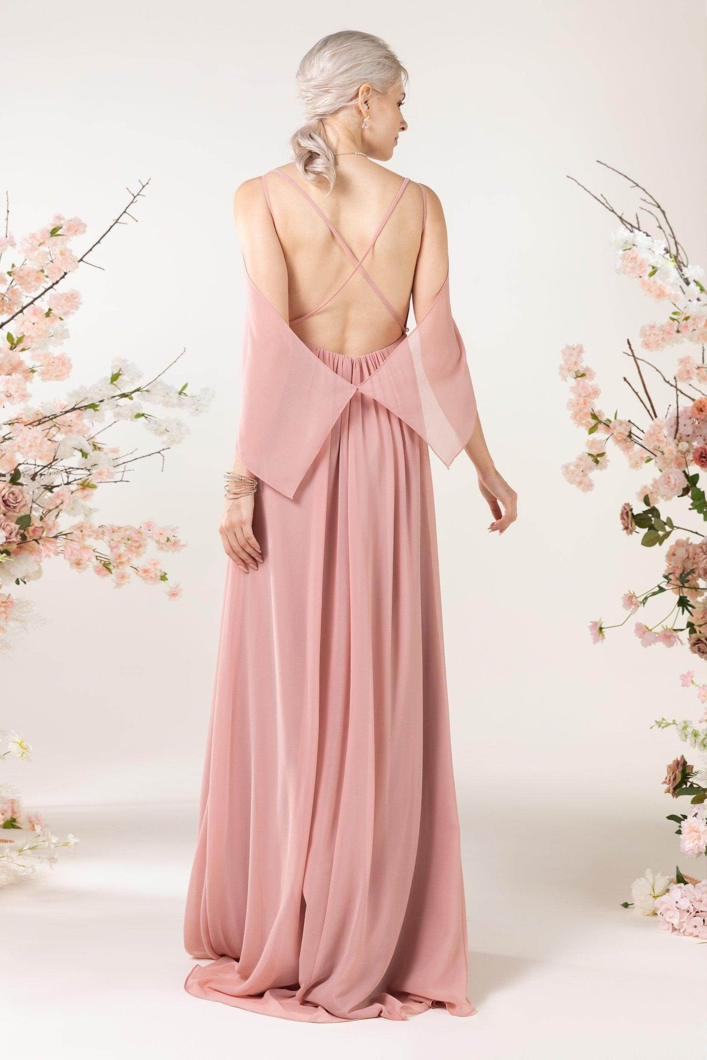 A-Line Sweep-Brush Train Chiffon Bridesmaid Dress CB0458 - COCOMELODY