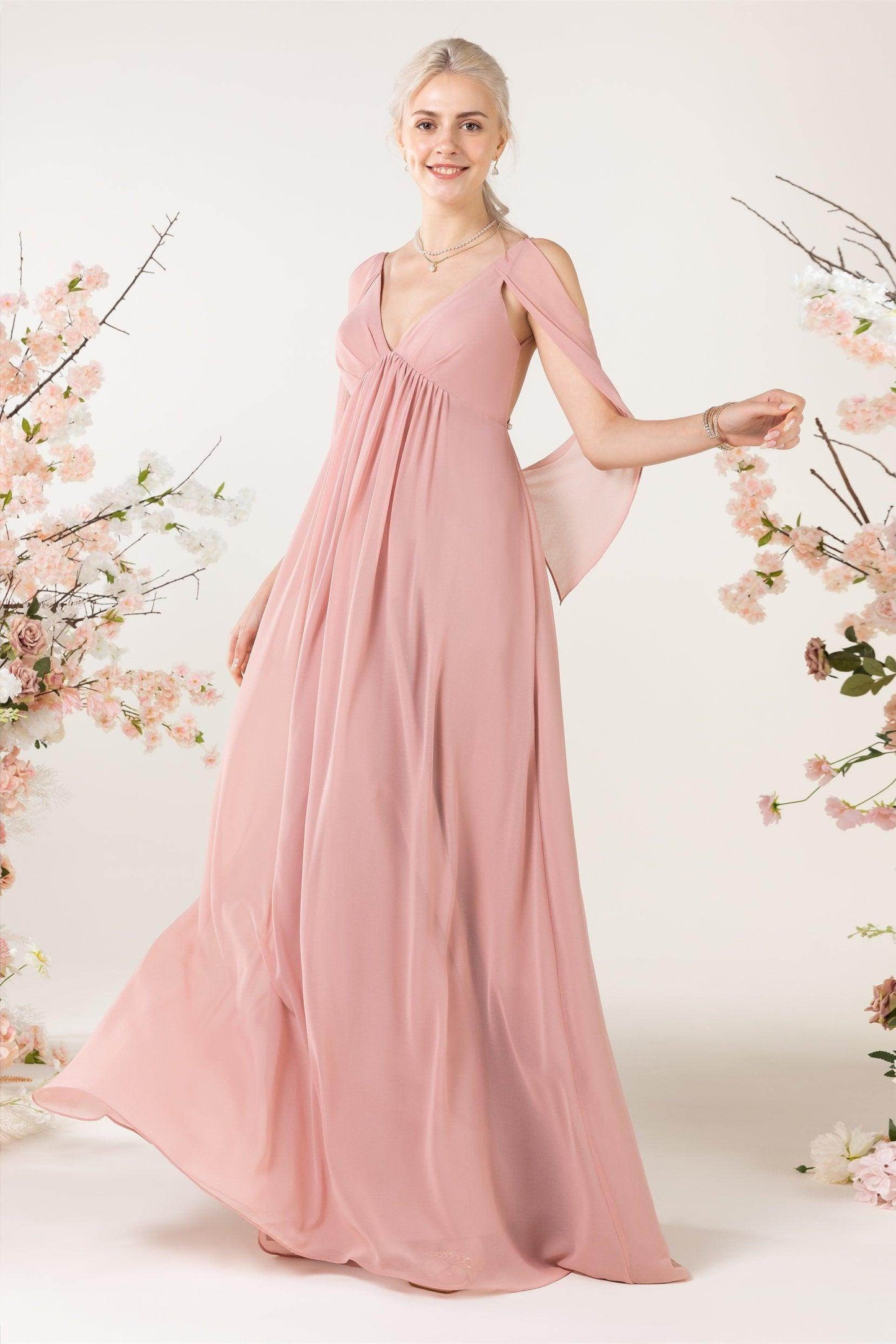 A-Line Sweep-Brush Train Chiffon Bridesmaid Dress CB0458 - COCOMELODY