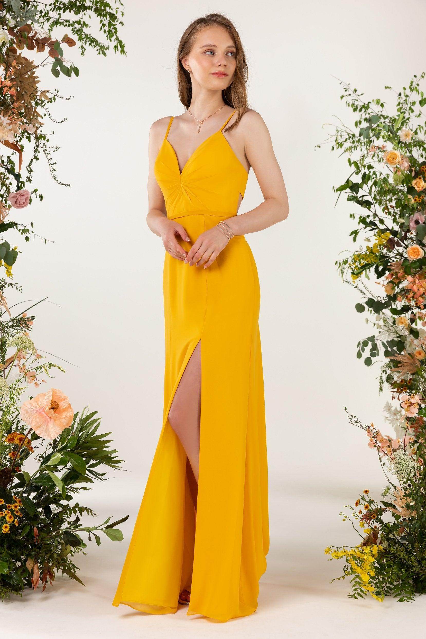 Sheath-Column Sweep-Brush Train Chiffon Bridesmaid Dress COCOMELODY CB0466, Yellow Sheath-Column Sweep-Brush Train Chiffon Bridesmaid Dress COCOMELODY CB0466, Yellow