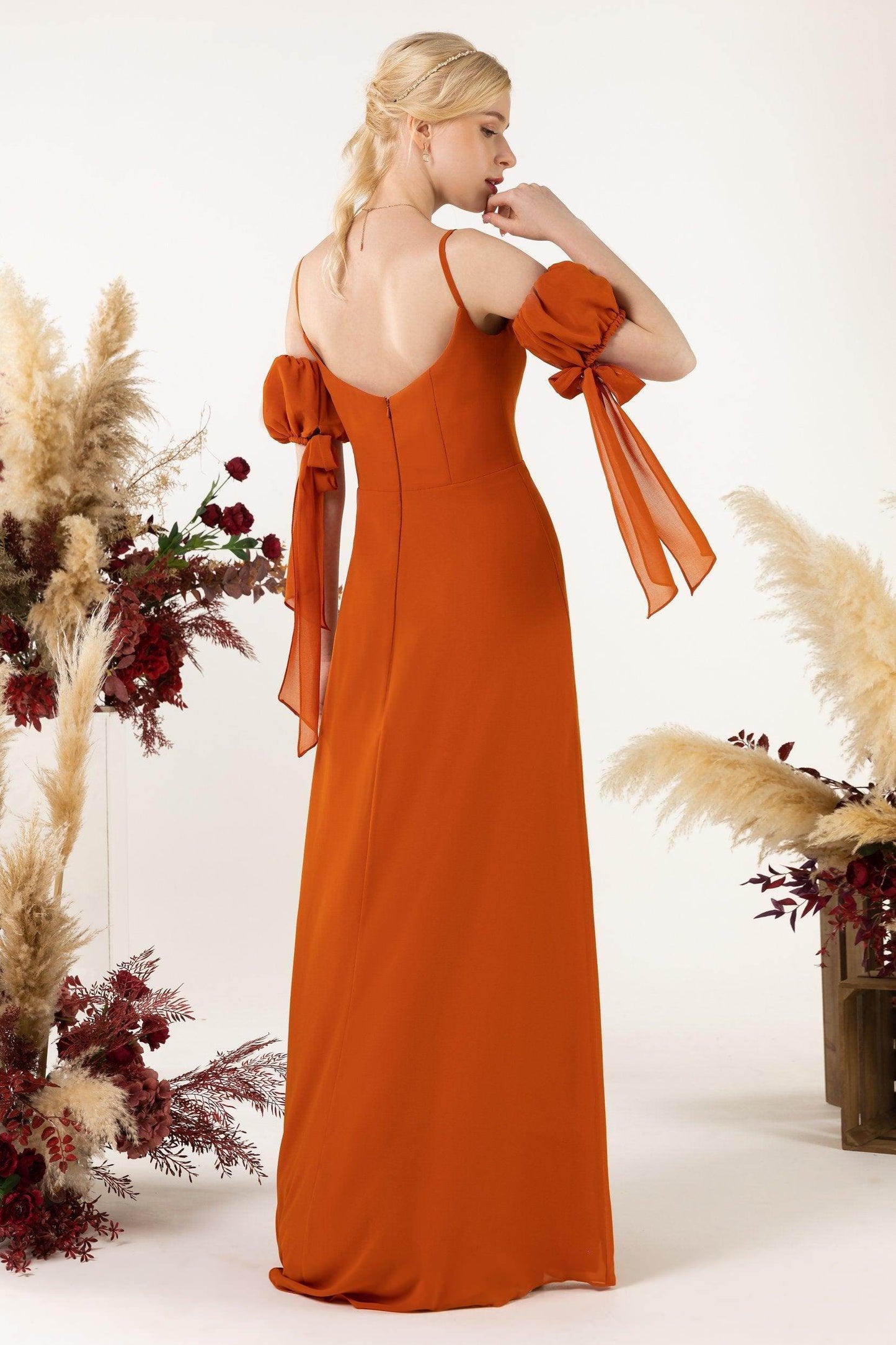 A-Line Sweep-Brush Train Chiffon Bridesmaid Dress CB0471 - COCOMELODY