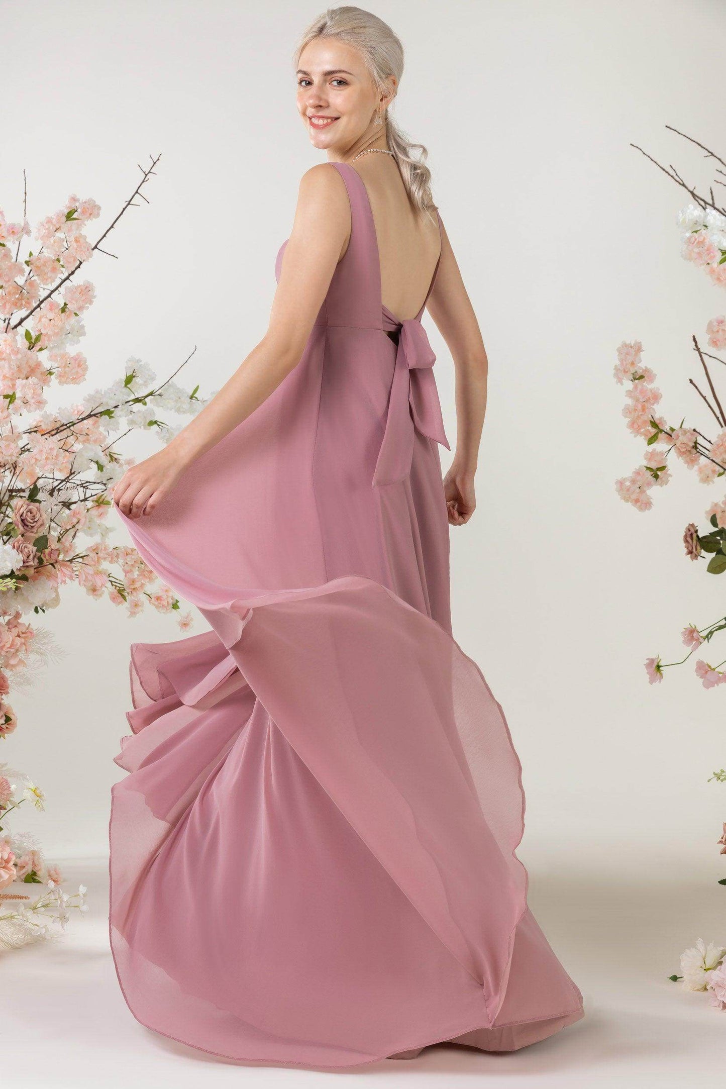 A-Line Sweep-Brush Train Chiffon Bridesmaid Dress CB0473 - COCOMELODY