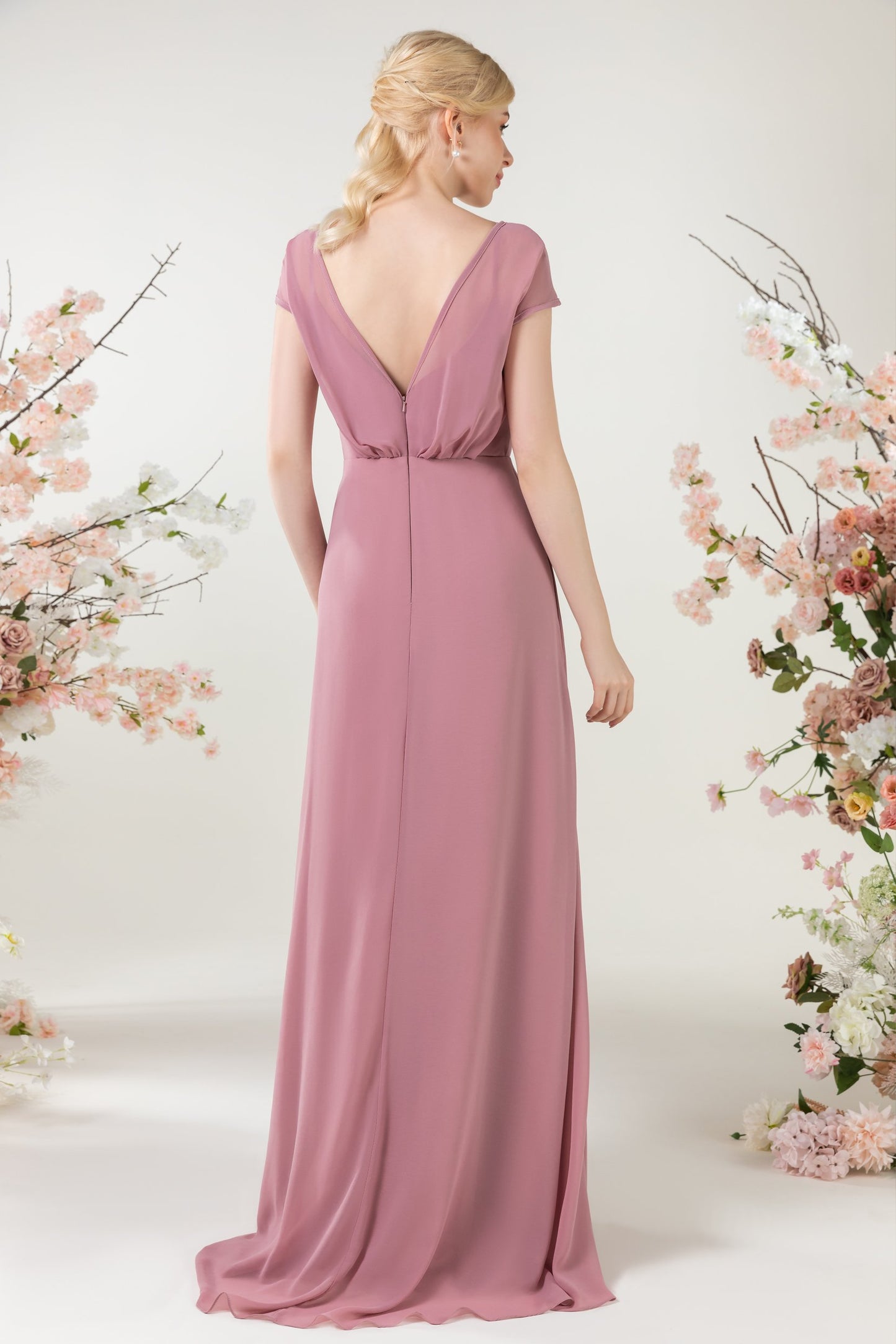 A-Line Sweep-Brush Train Chiffon Bridesmaid Dress CB0474