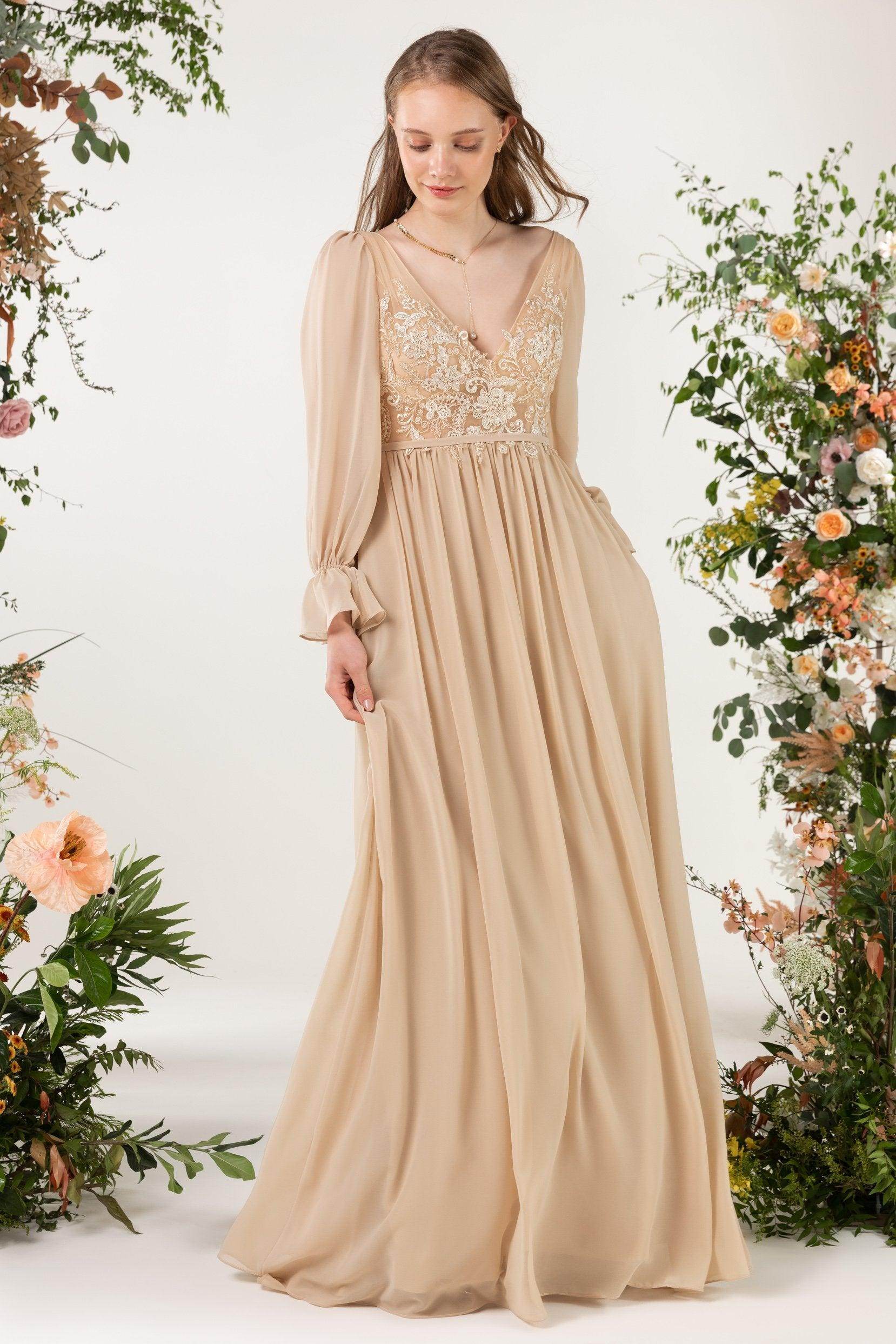 A-Line Sweep-Brush Train Chiffon Bridesmaid Dress CB0478 - COCOMELODY