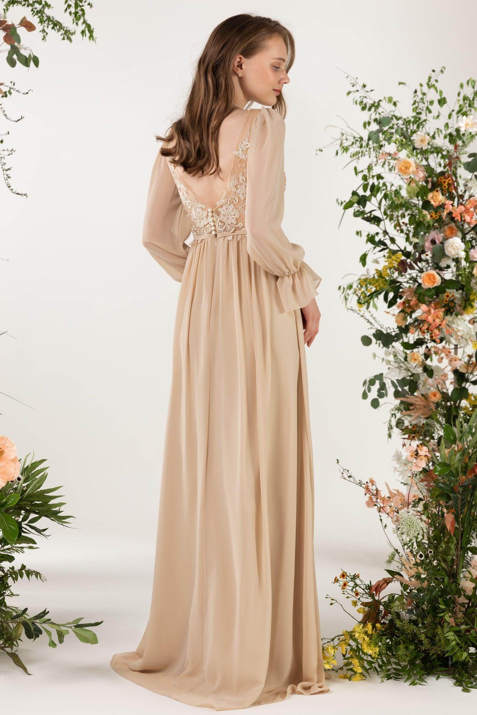 A-Line Sweep-Brush Train Chiffon Bridesmaid Dress CB0478 - COCOMELODY