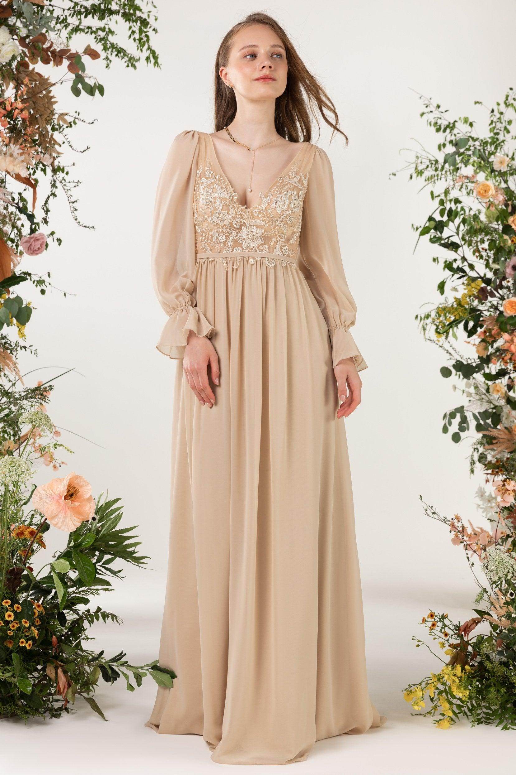 A-Line Sweep-Brush Train Chiffon Bridesmaid Dress CB0478 - COCOMELODY