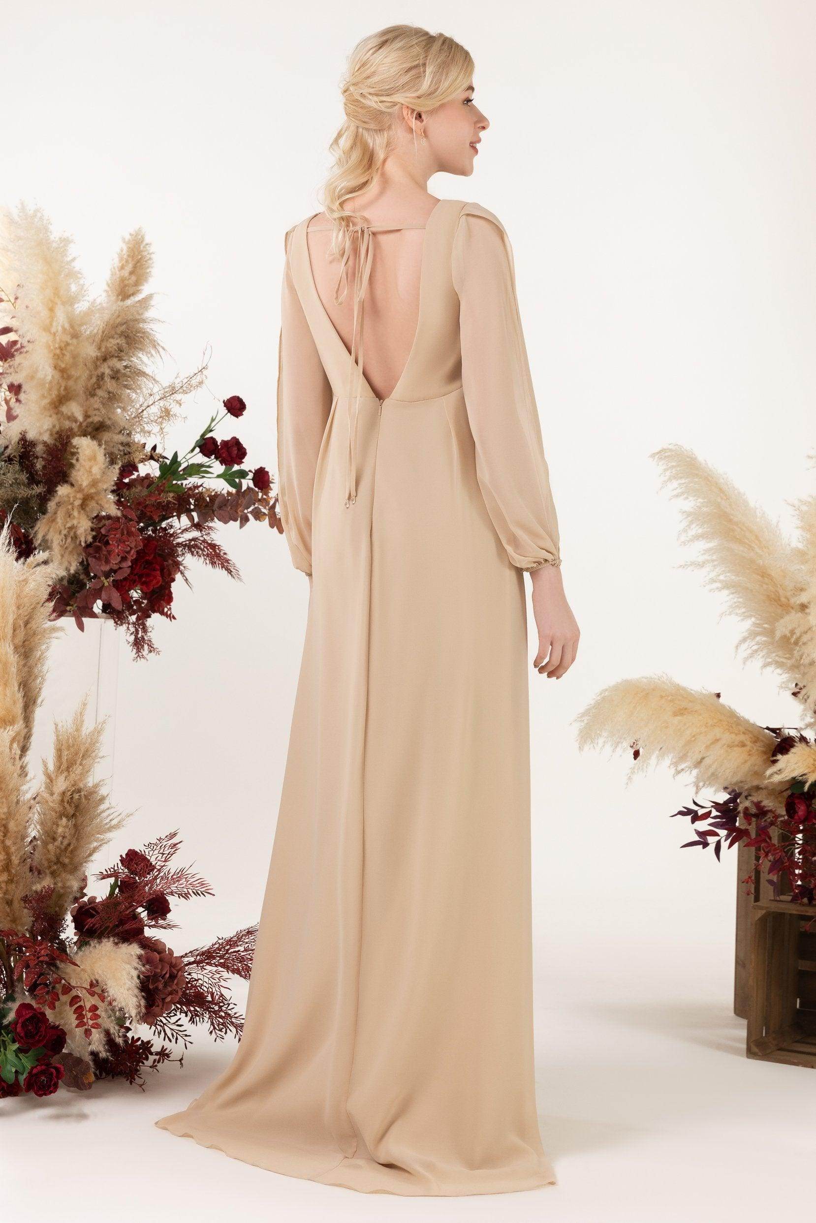 A-Line Sweep-Brush Train Chiffon Bridesmaid Dress CB0479M - COCOMELODY