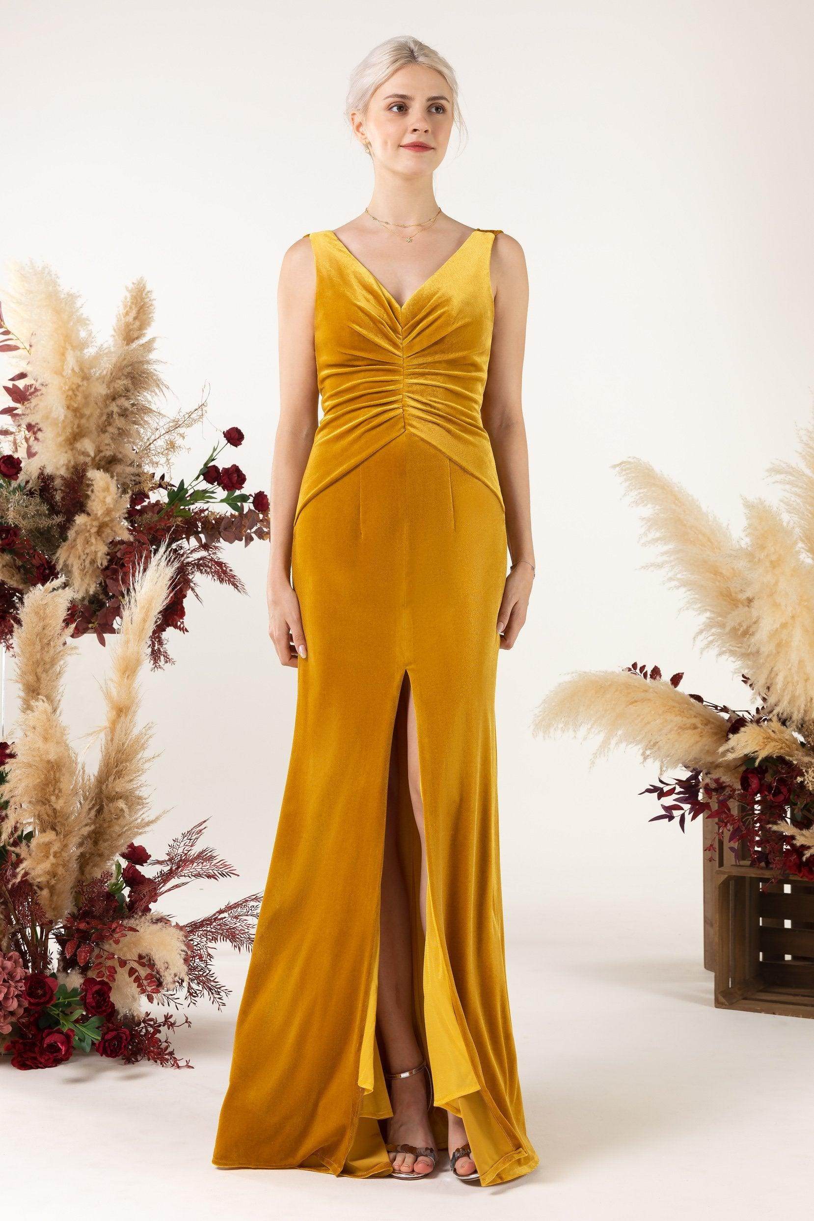 mustard velvet bridesmaid dress Wide Strap Ruched Ginger Velvet Low Back Bridesmaid Dress