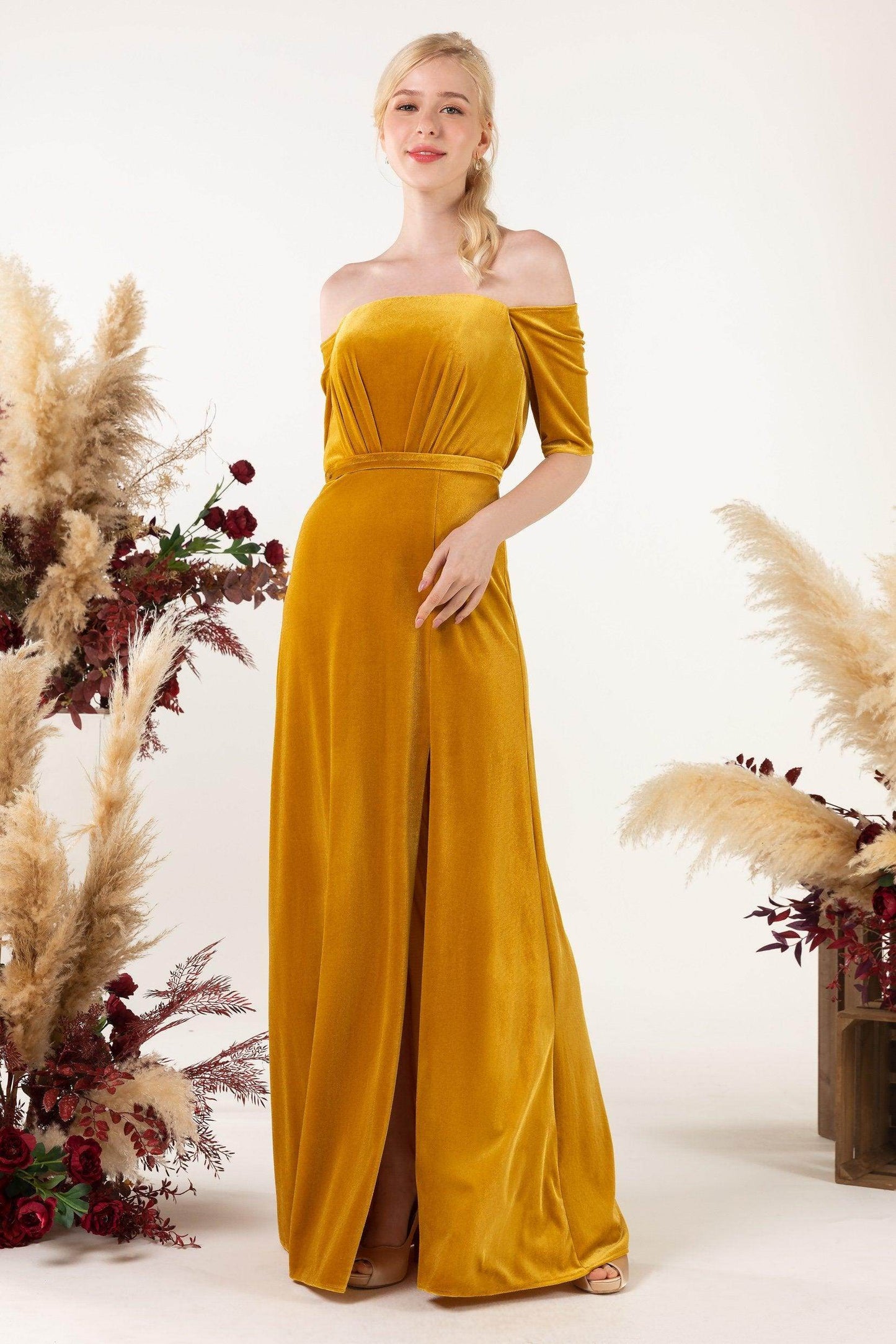 Sheath Sweep-Brush Train Velvet Bridesmaid Dress CB0519 - COCOMELODY