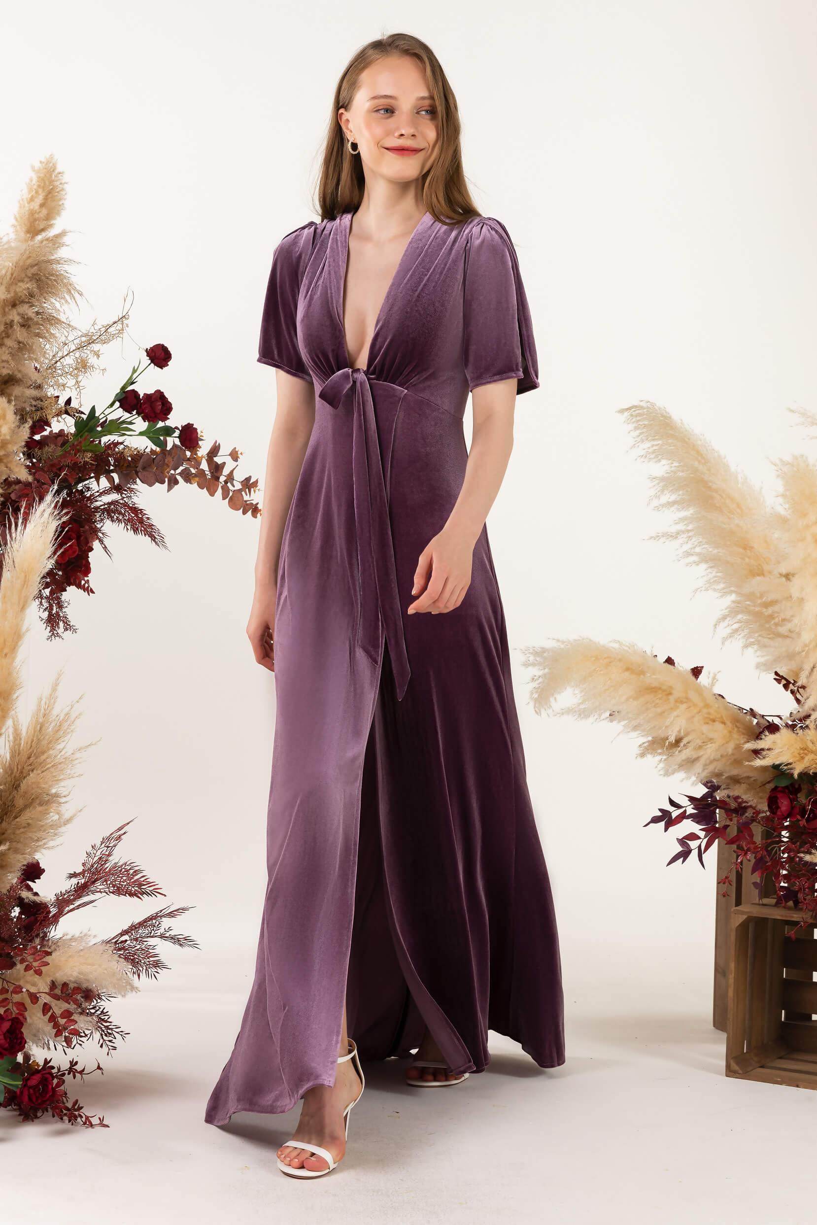 Sheath Sweep-Brush Train Velvet Bridesmaid Dress Formal Dresses CB0523 - COCOMELODY