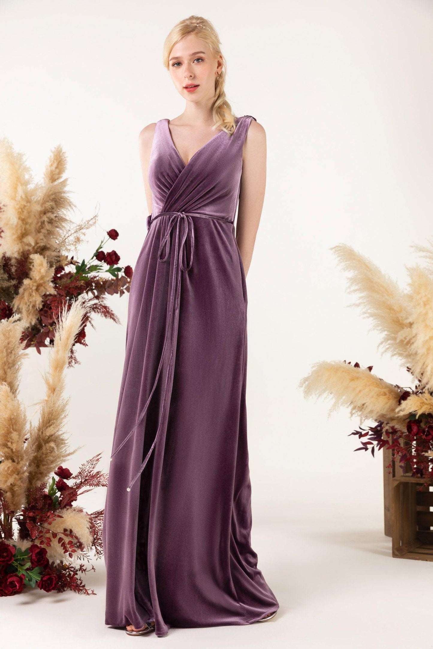 Sheath-Column Floor Length Velvet Bridesmaid Dress Formal Dresses CB0525 - COCOMELODY