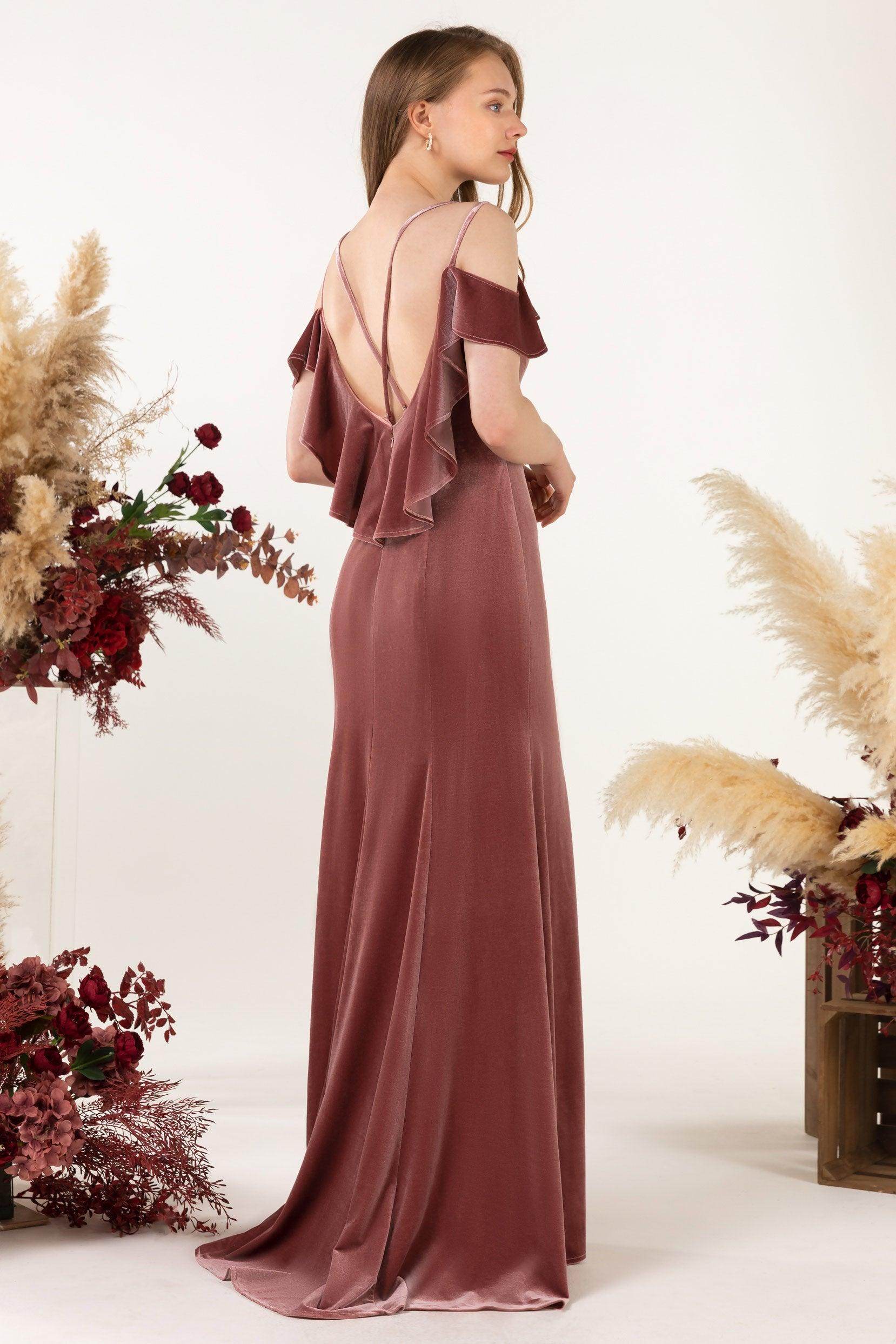 Trumpet Sweep-Brush Train Velvet Bridesmaid Dress Formal Dresses CB0526 - COCOMELODY