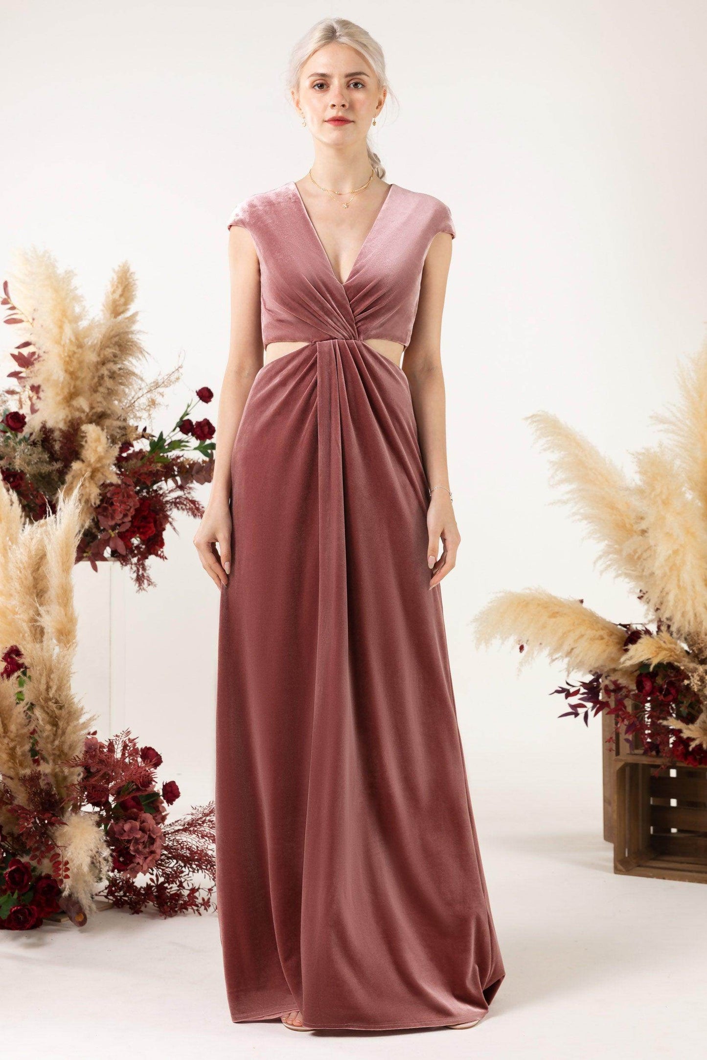 Sheath Sweep-Brush Train Velvet Bridesmaid Dress Formal Dresses CB0527 - COCOMELODY