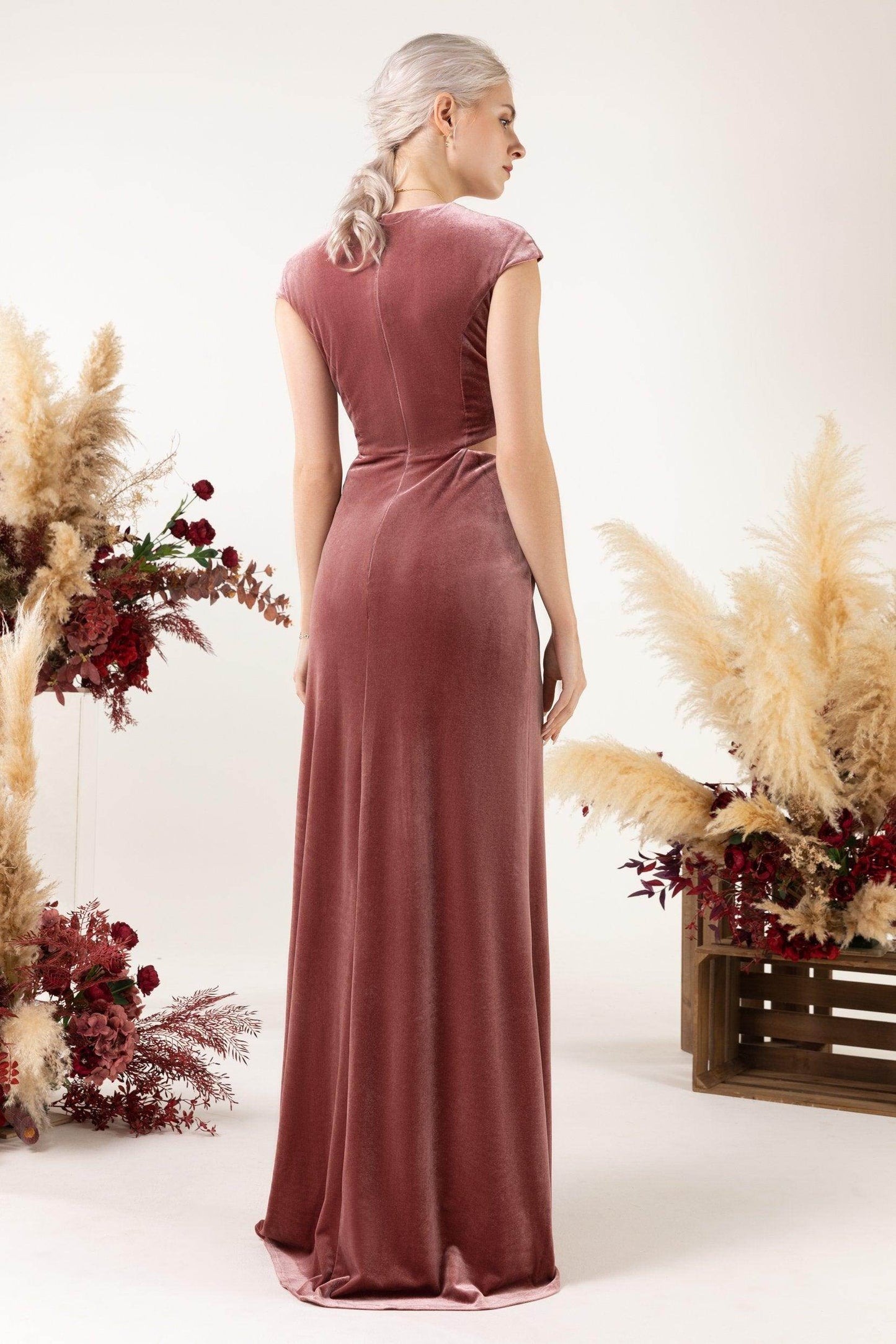 Sheath Sweep-Brush Train Velvet Bridesmaid Dress Formal Dresses CB0527 - COCOMELODY