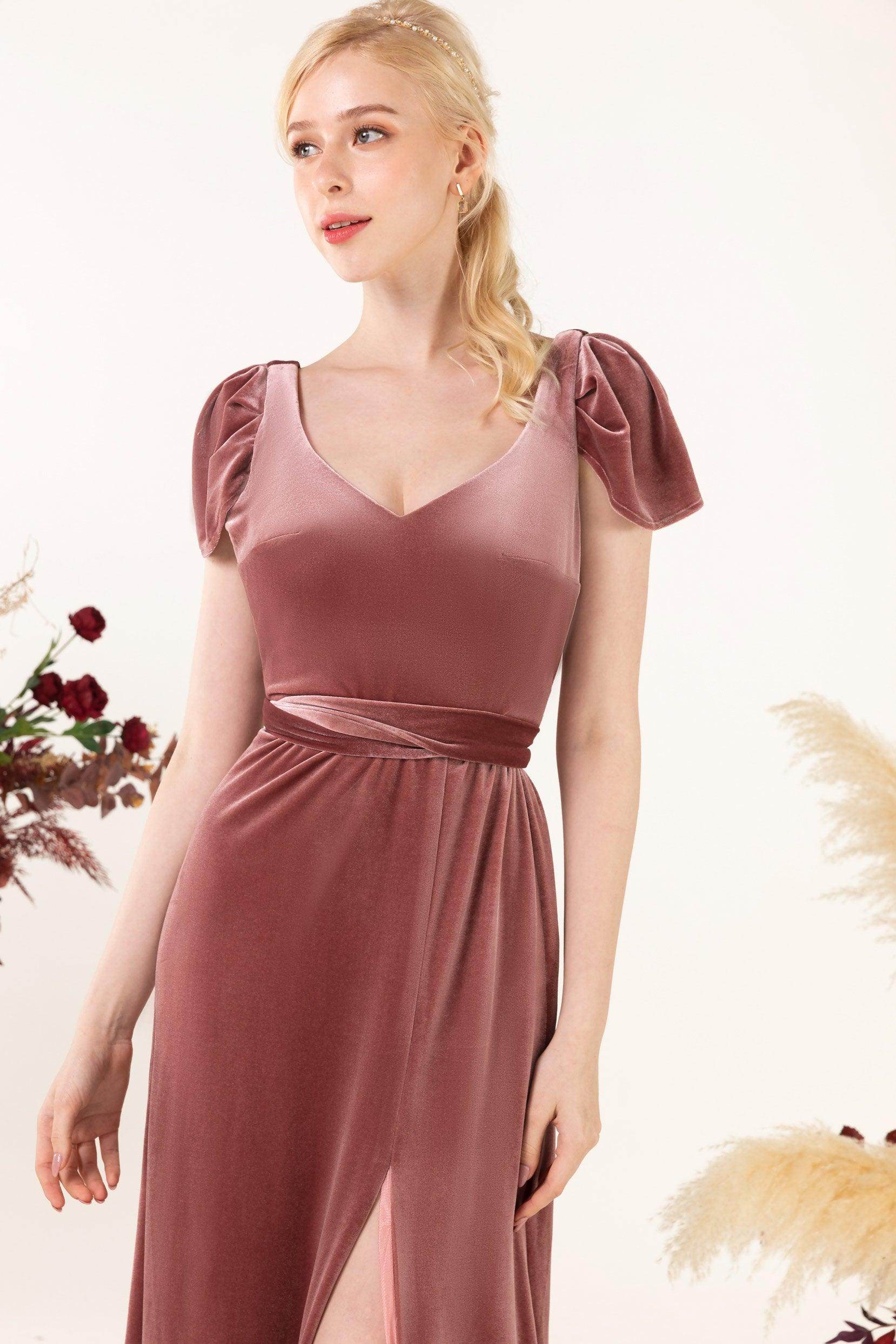 Sheath-Column Floor Length Velvet Bridesmaid Dress Formal Dresses CB0528 - COCOMELODY