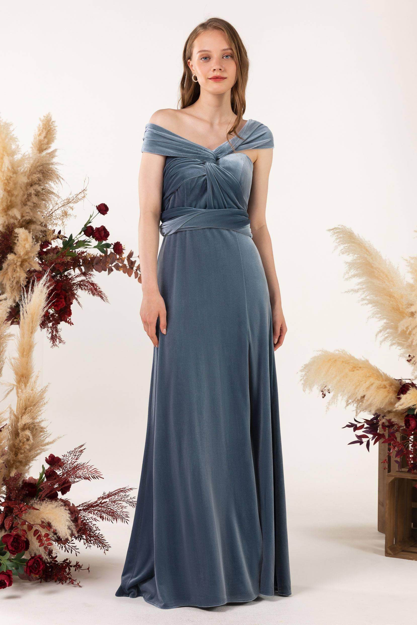 Sheath-Column Floor Length Velvet Bridesmaid Dress Formal Dresses CB0529 - COCOMELODY