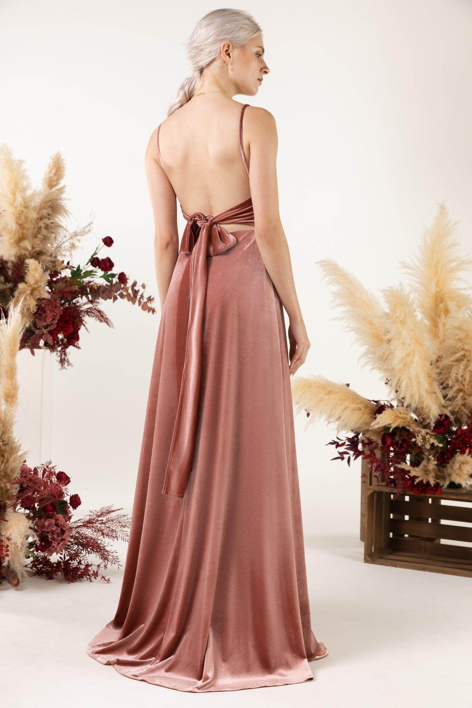 A-Line Sweep-Brush Train Velvet Bridesmaid Dress Formal Dresses CB0536 - COCOMELODY