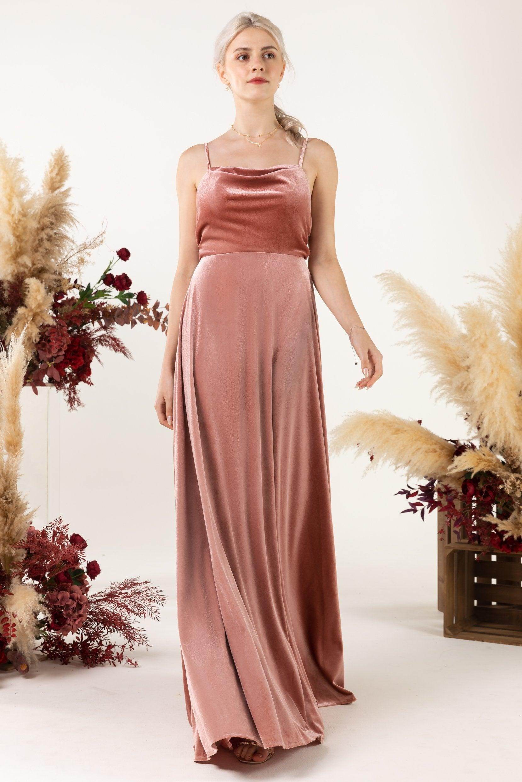 A-Line Sweep-Brush Train Velvet Bridesmaid Dress Formal Dresses CB0536 - COCOMELODY