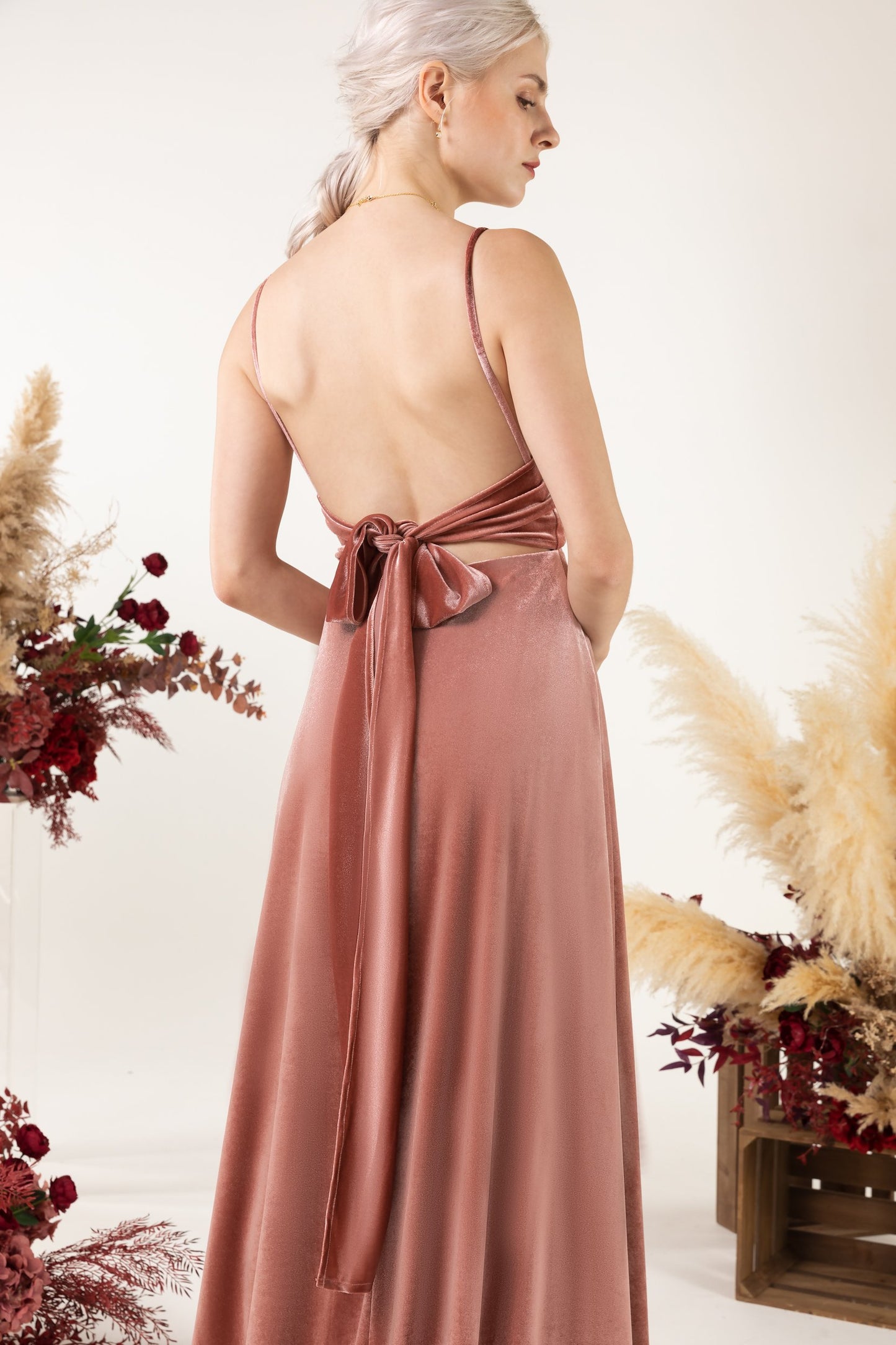 A-Line Sweep-Brush Train Velvet Bridesmaid Dress Formal Dresses CB0536