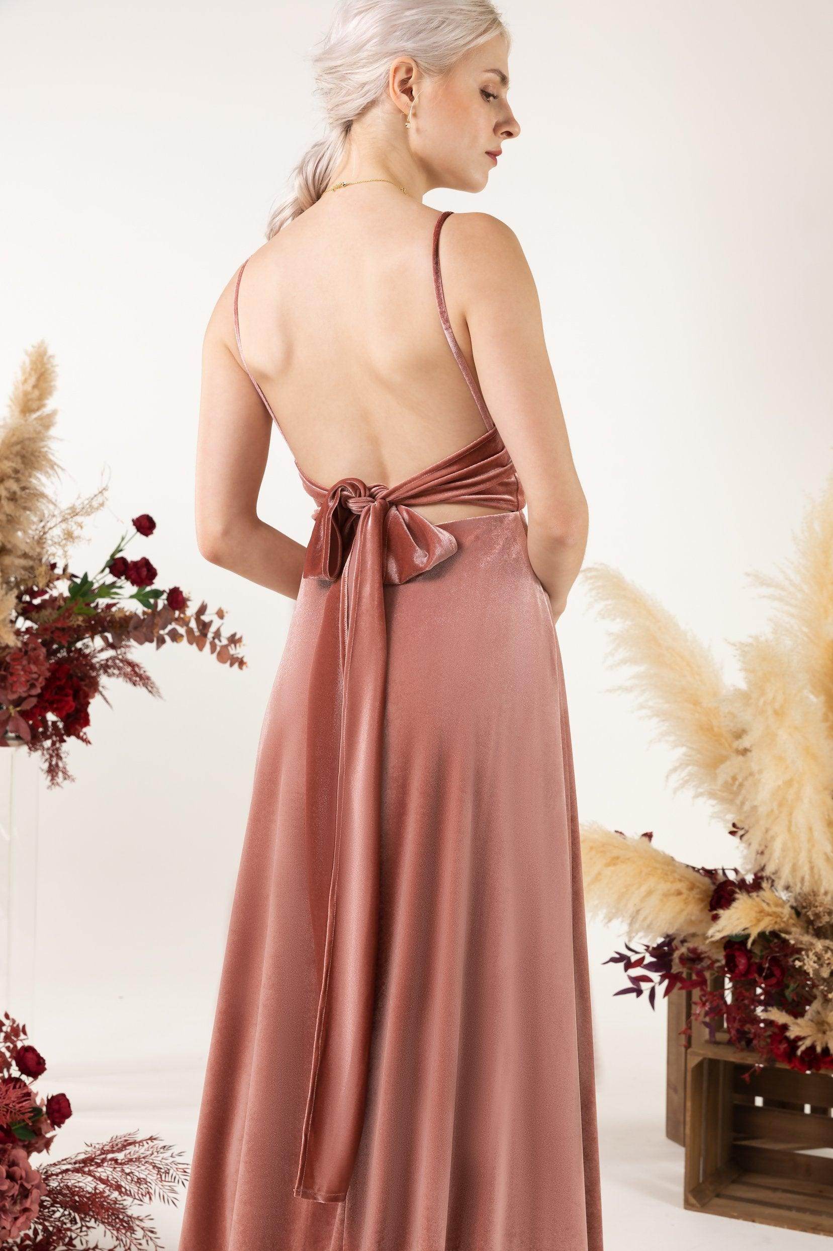 A-Line Sweep-Brush Train Velvet Bridesmaid Dress Formal Dresses CB0536 - COCOMELODY
