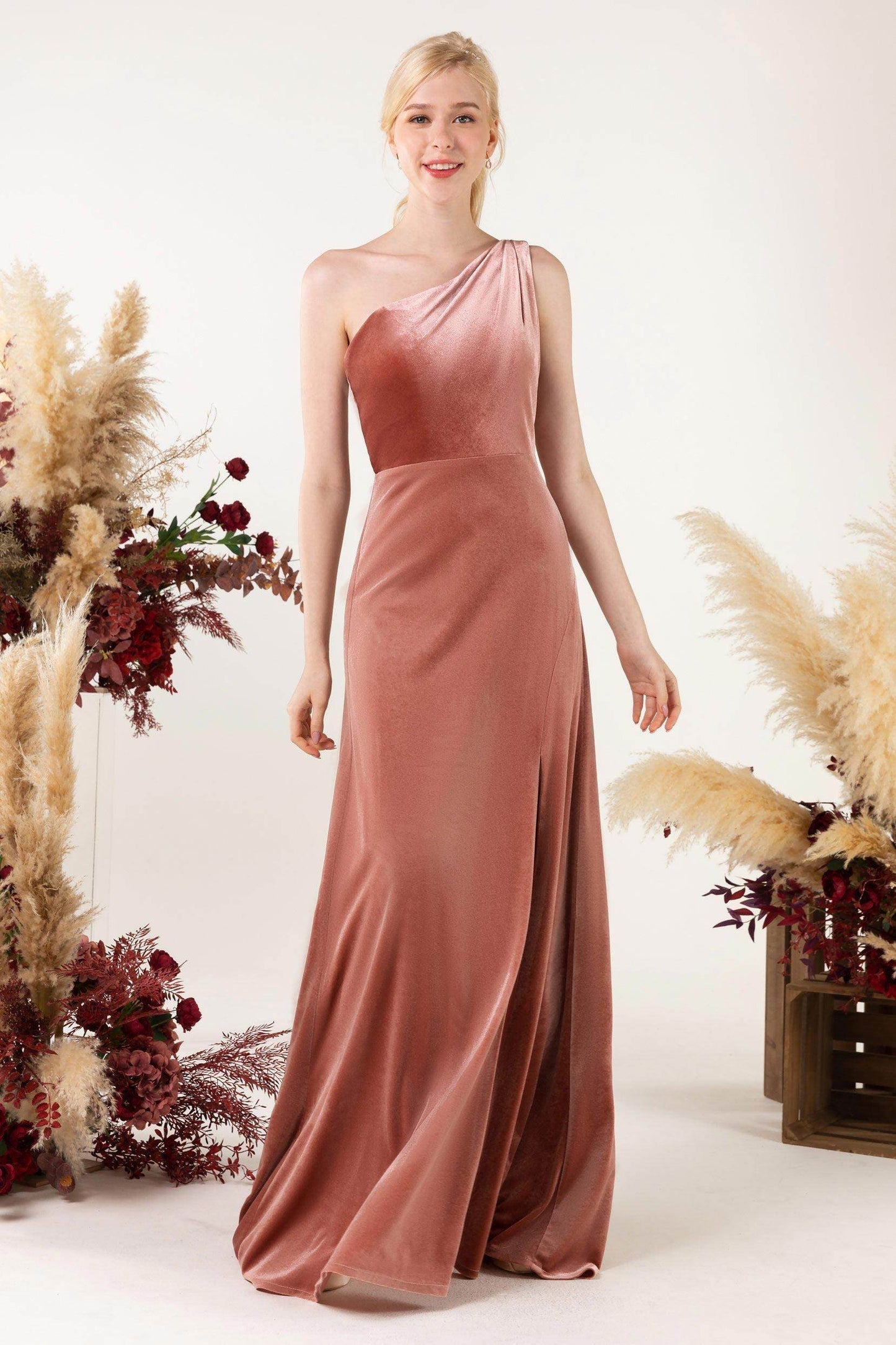 Sheath Sweep-Brush Train Velvet Bridesmaid Dress Formal Dresses CB0537PS - COCOMELODY