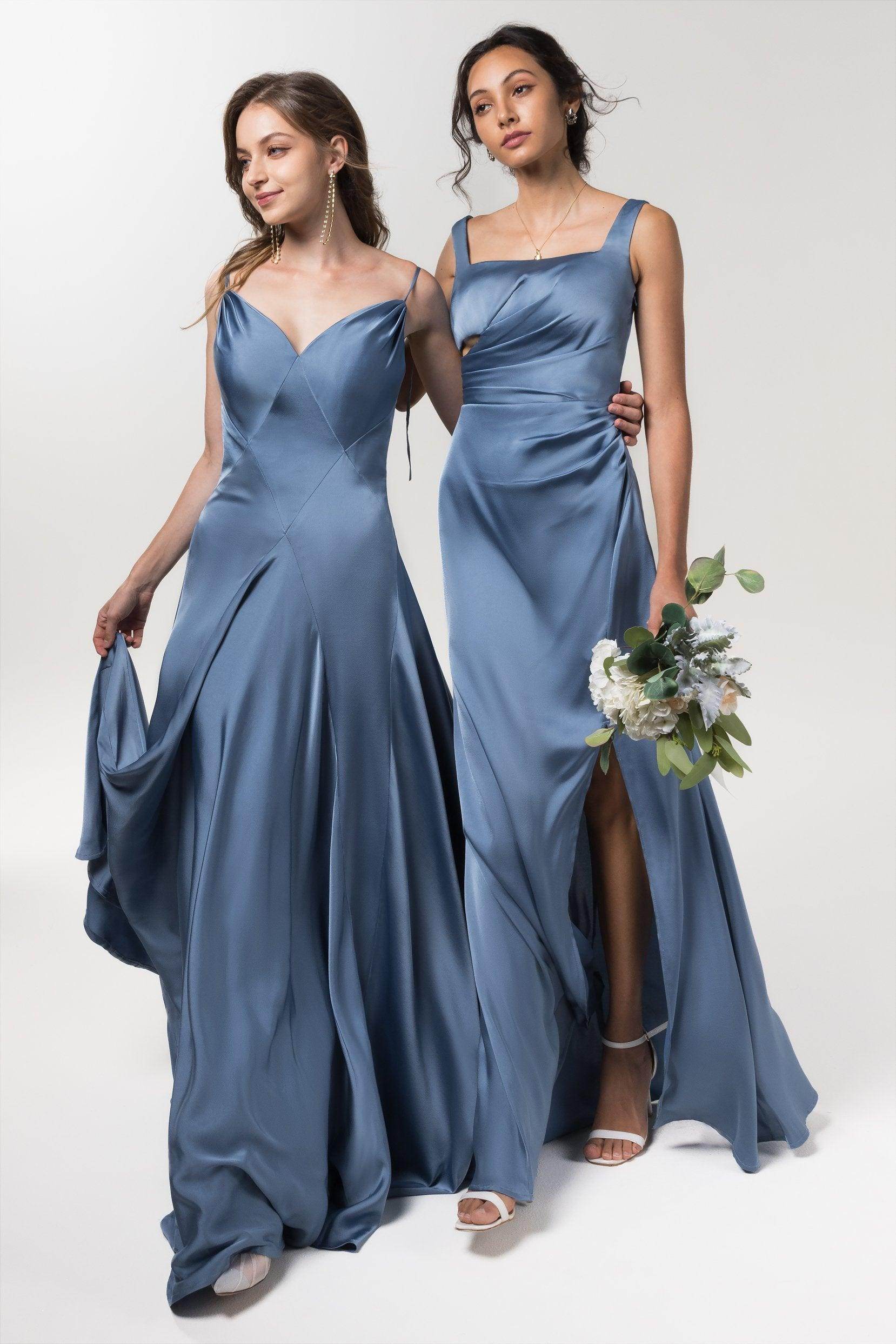Elegant Sheath Luxe Satin Floor-length Bridesmaid Dress COCOMELODY CB0590, Steel Blue Elegant Sheath Luxe Satin Floor-length Bridesmaid Dress COCOMELODY CB0590, Steel Blue