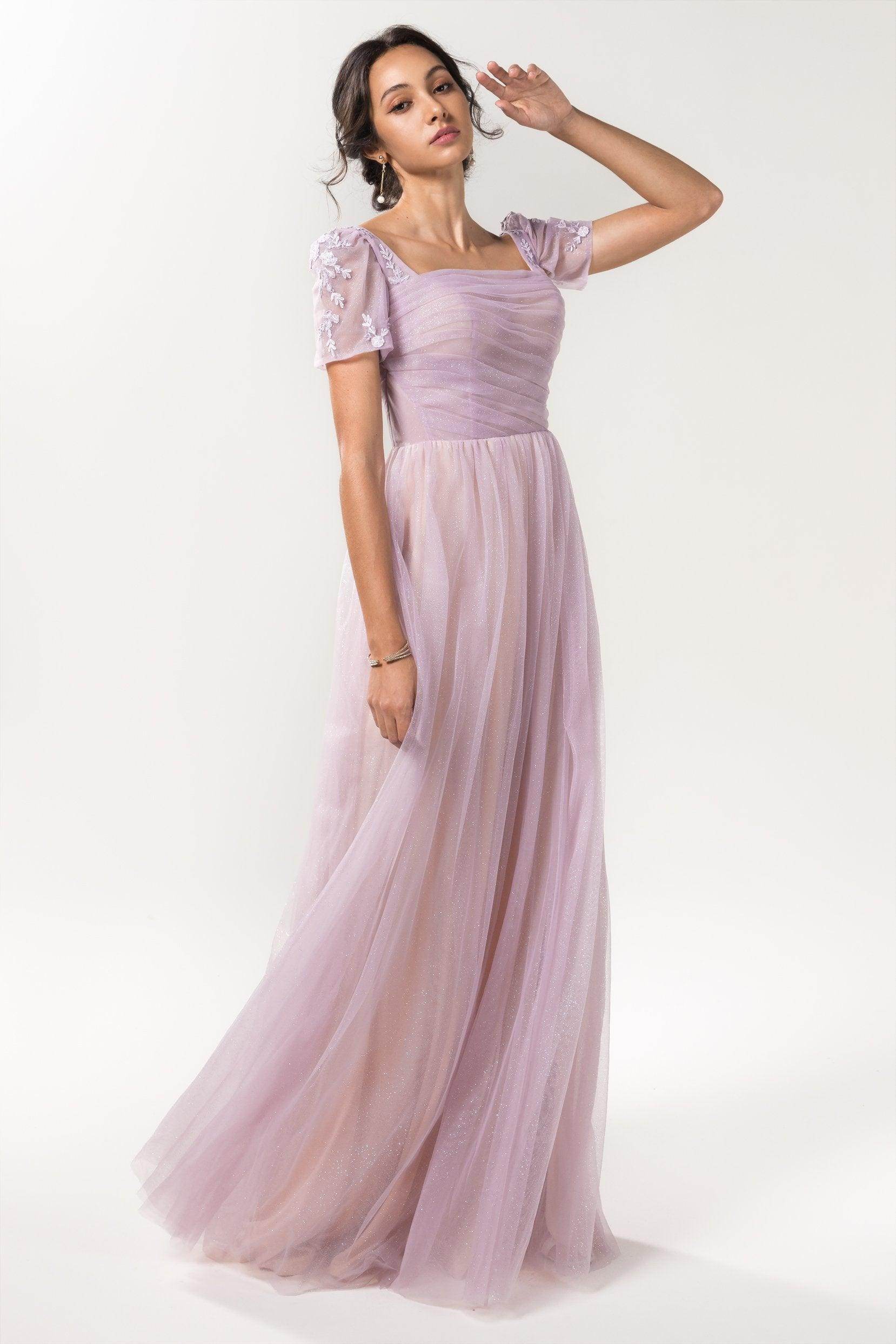 A-Line Square Neckline Tulle Short Sleeve Bridesmaid Dress
