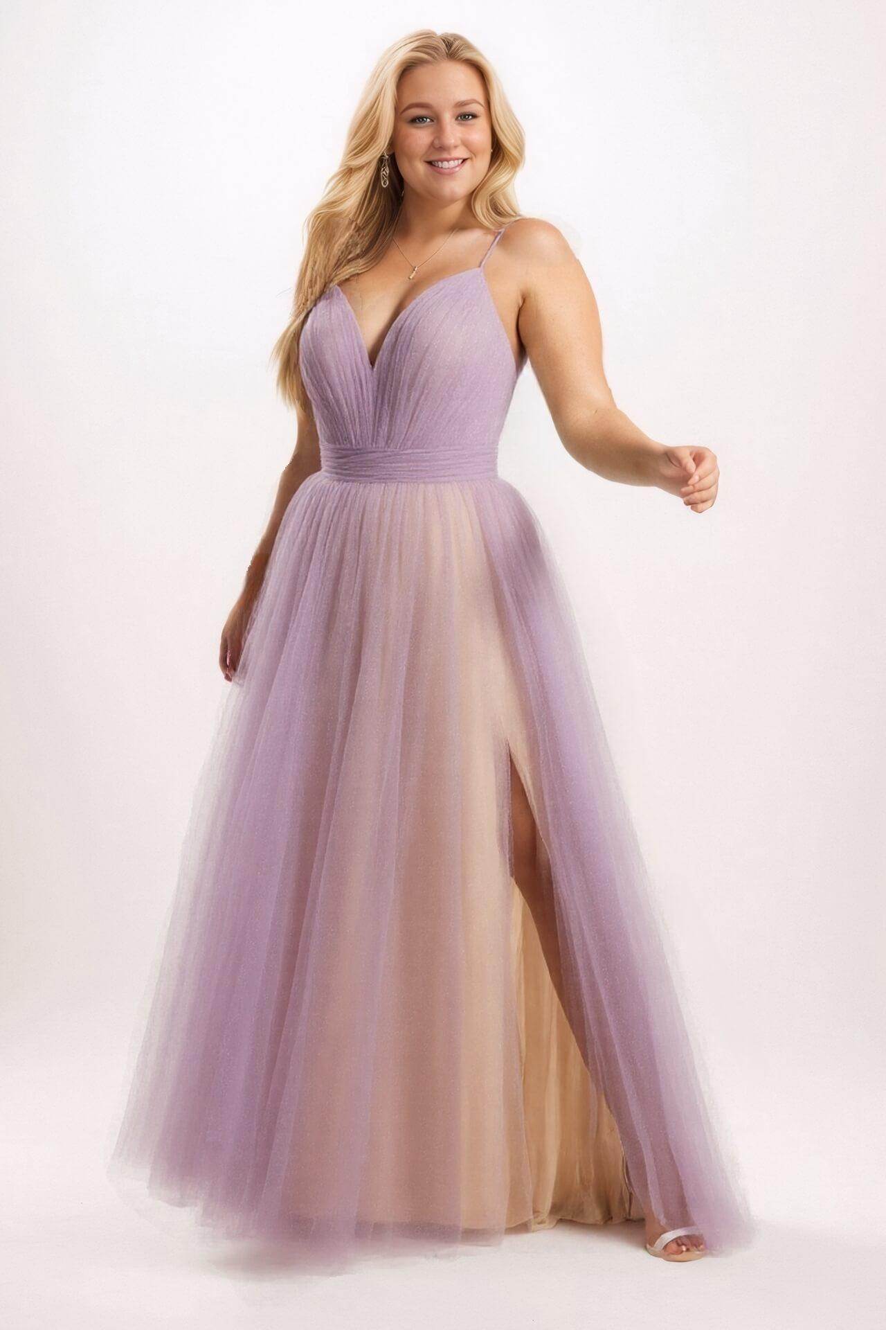 A-Line Sparkling Tulle Plus Size Bridesmaid Dresses with Slit COCOMELODY CB0621PS, Violet A-Line Sparkling Tulle Plus Size Bridesmaid Dresses with Slit COCOMELODY CB0621PS, Violet