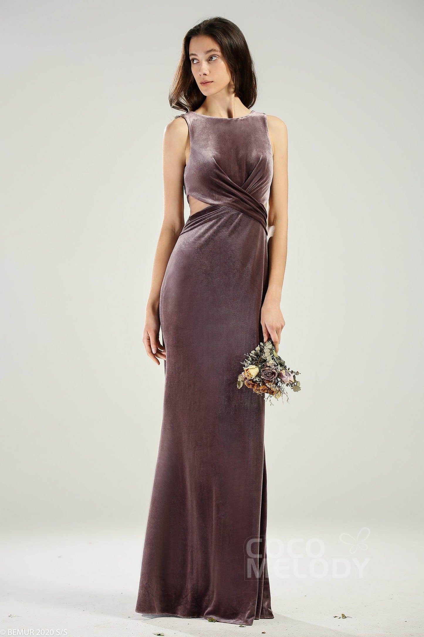 Sheath-Column Floor Length Velvet Bridesmaid Dress CB0624 - COCOMELODY