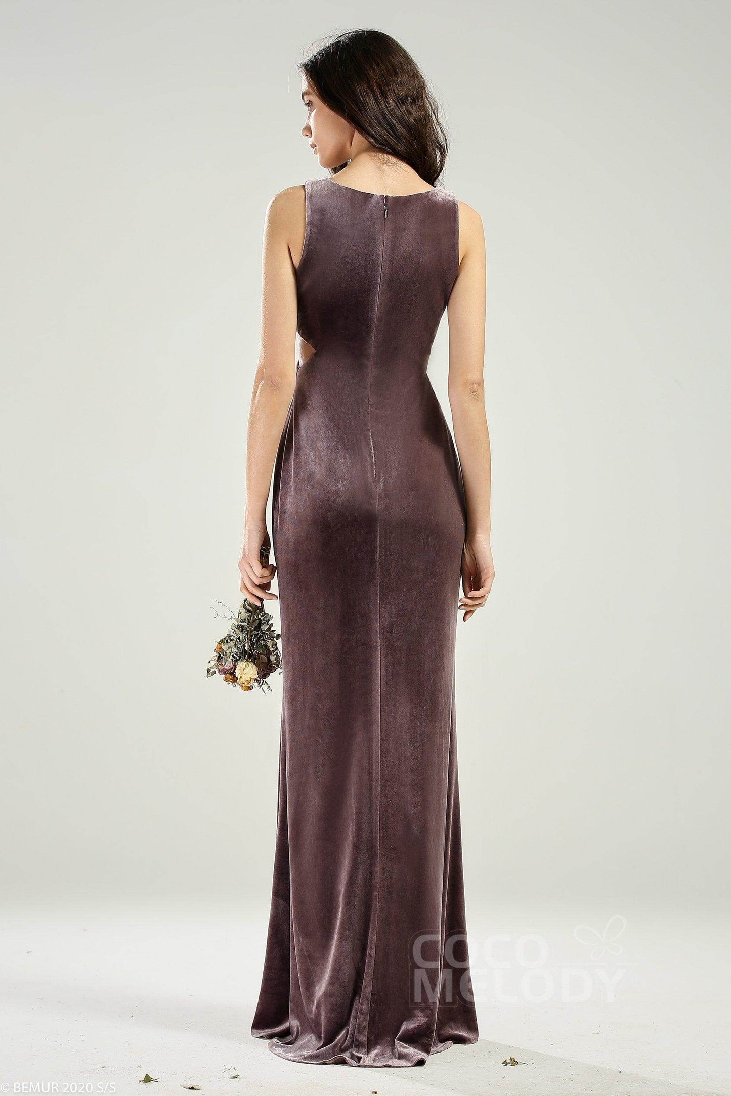 Sheath-Column Floor Length Velvet Bridesmaid Dress CB0624 - COCOMELODY