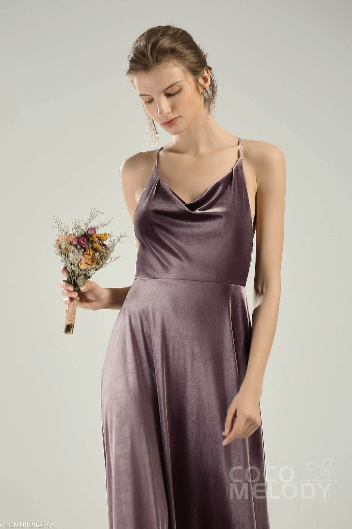A-Line Floor Length Velvet Bridesmaid Dress CB0625 - COCOMELODY