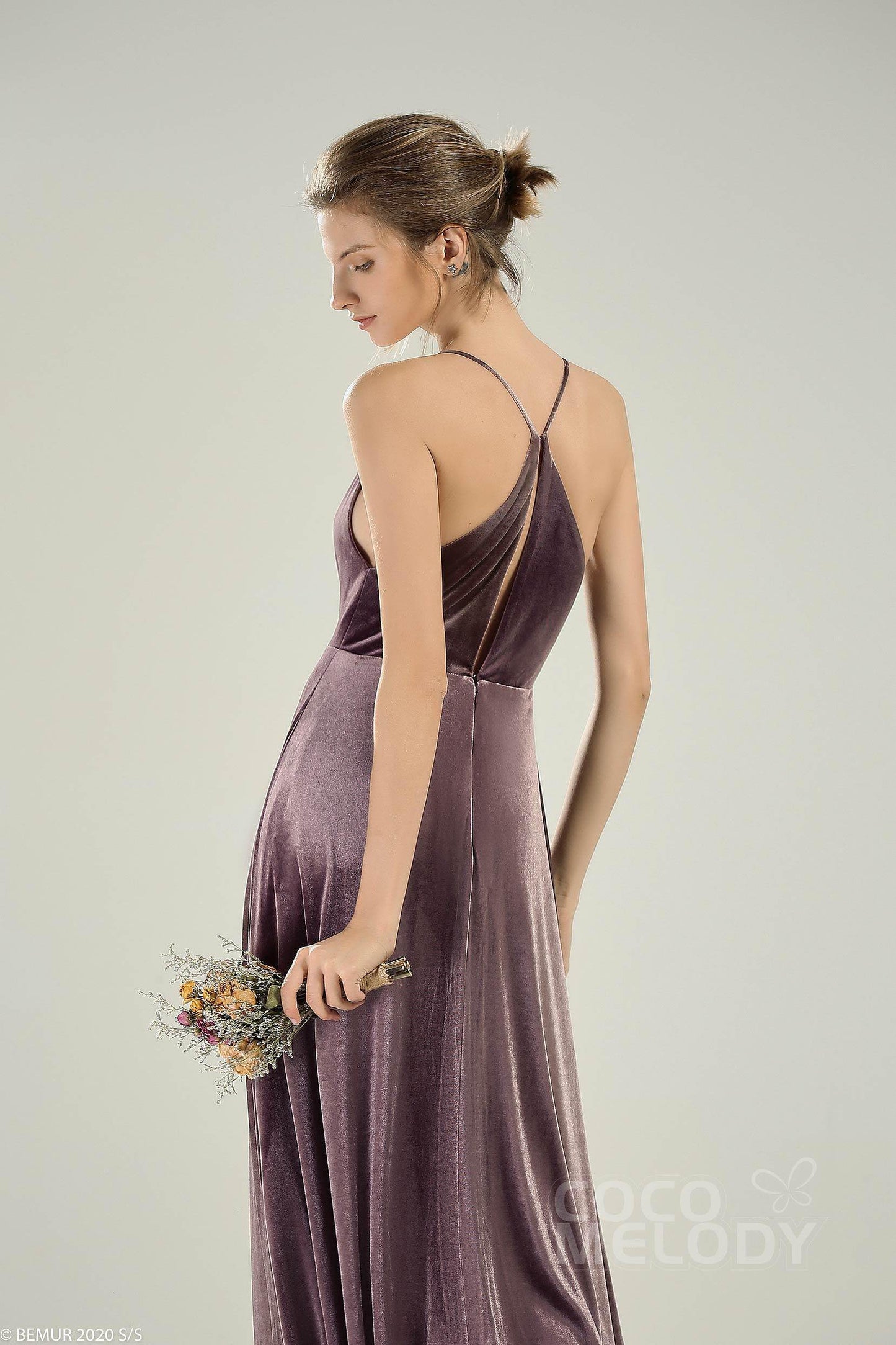 A-Line Floor Length Velvet Bridesmaid Dress CB0625 - COCOMELODY