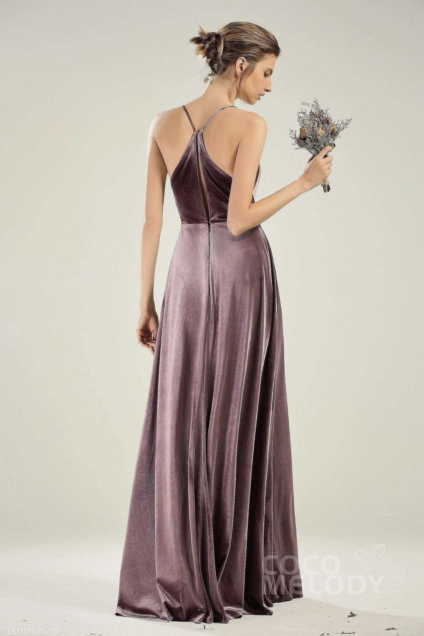 A-Line Floor Length Velvet Bridesmaid Dress CB0625 - COCOMELODY