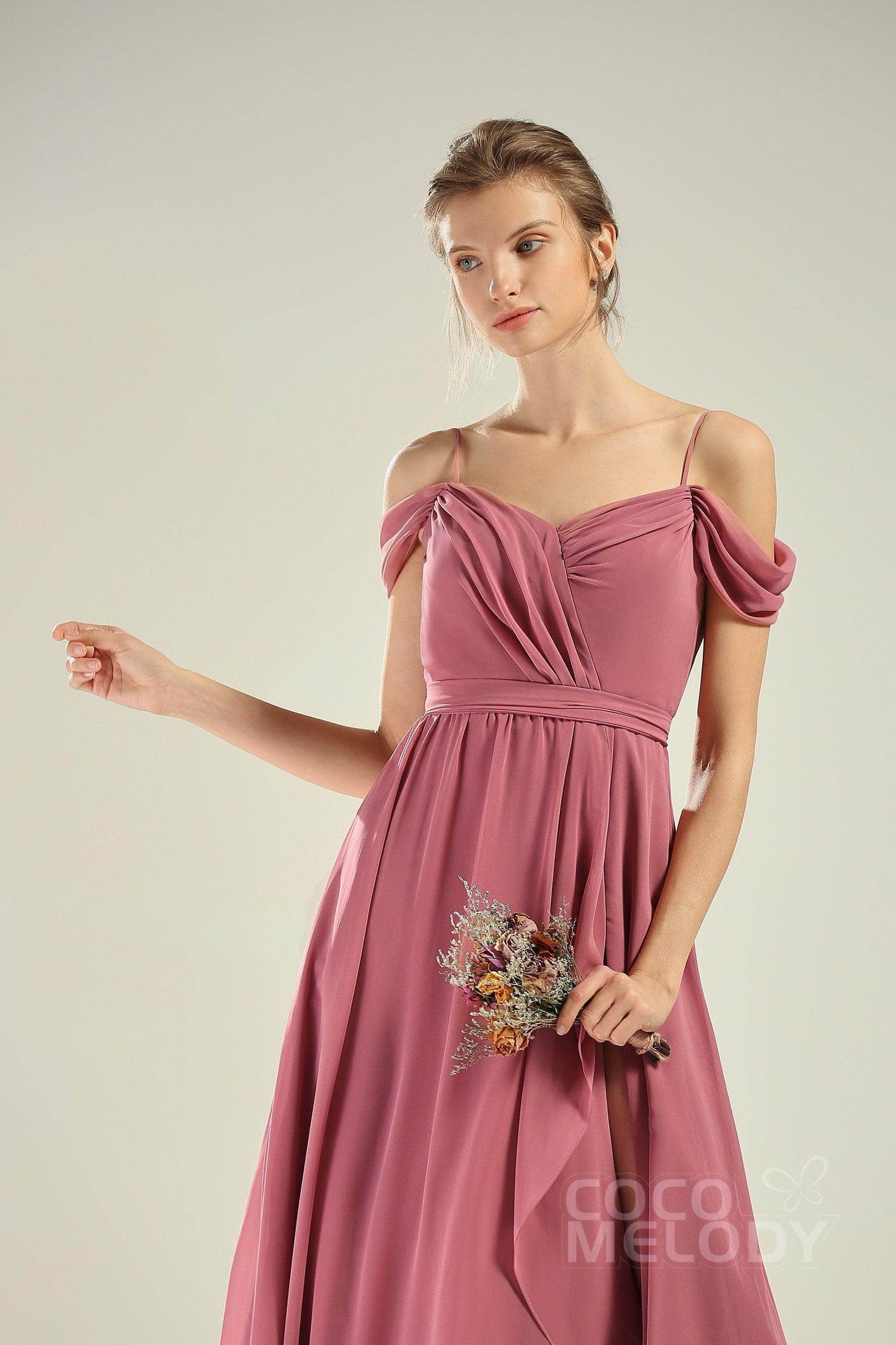 A-Line Floor Length Chiffon/Lace Bridesmaid Dress CB0628 - COCOMELODY